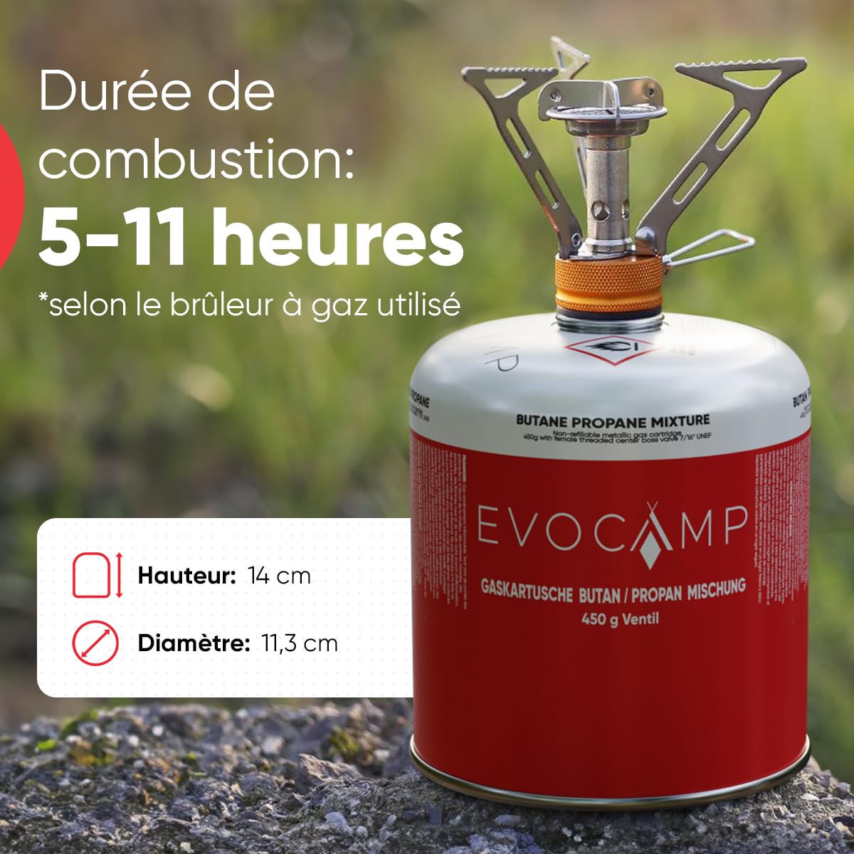 EVOCAMP 3X cartouche de gaz propane butane 450g, cartouche à vis avec filetage européen 7/16", bouteille de gaz 809ml, bonbonne de gaz utilisable pour les grills Weber séries Q100/1200