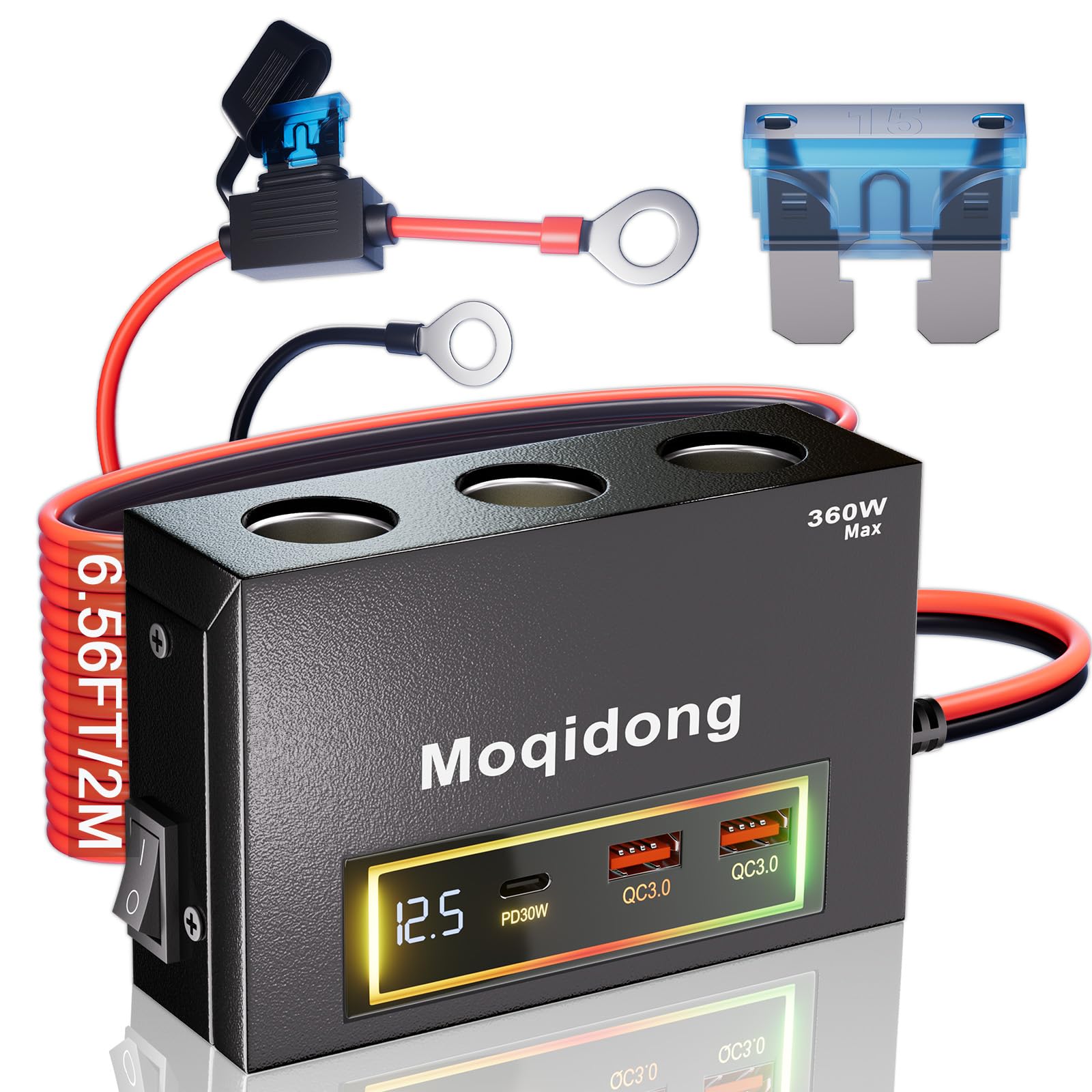 12V Steckdose Verteiler Metallgehäuse 15A Sicherung 2M 2.5mm² Kabel 1x PD30W USB