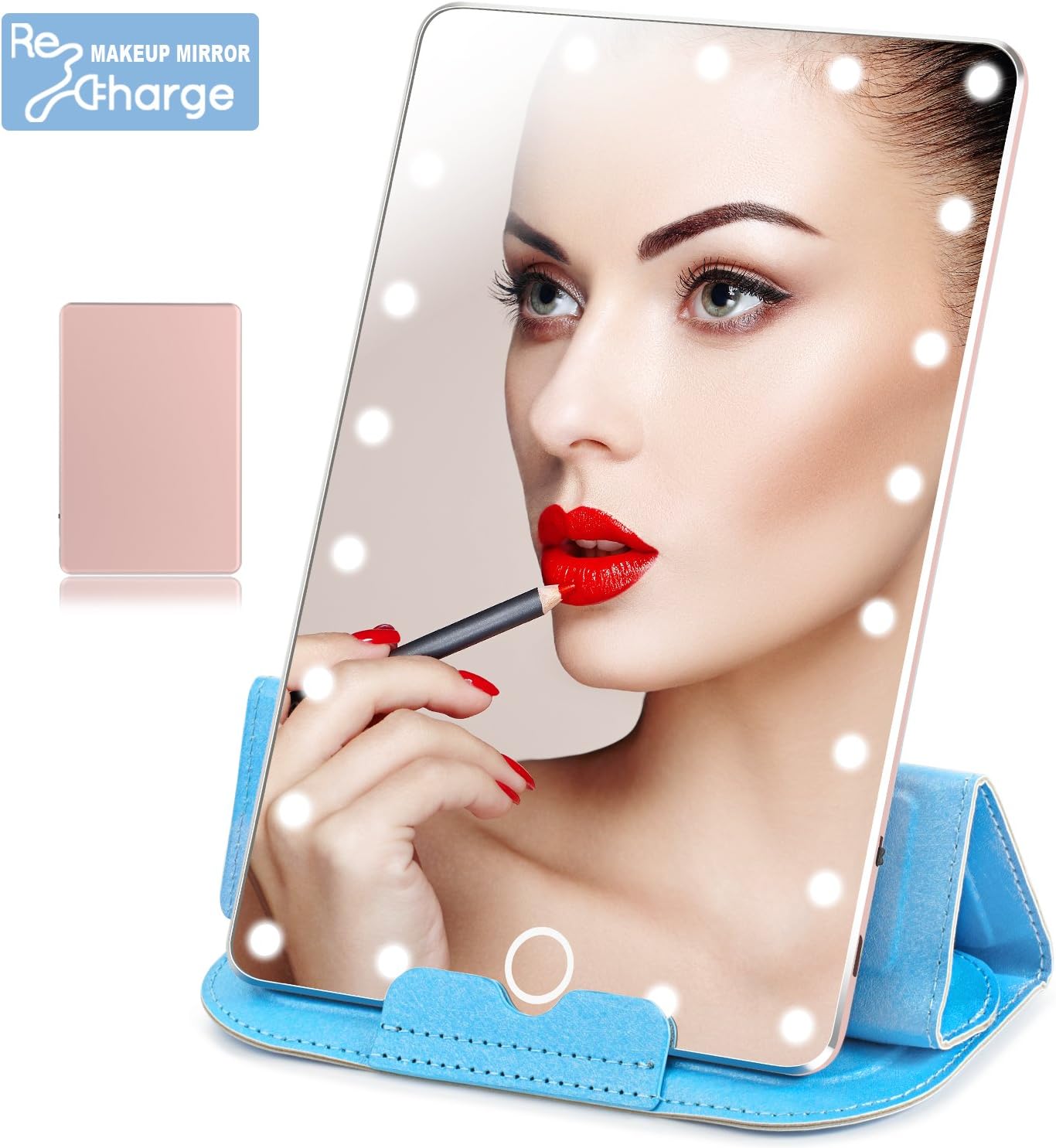 LoiZau Lighted Makeup Mirror, Rechargeable 21 LEDs Dimmable 7.9 Inch Portable Vanity Makeup Mirror with Lights for Travel USB Charging(Rose Gold)