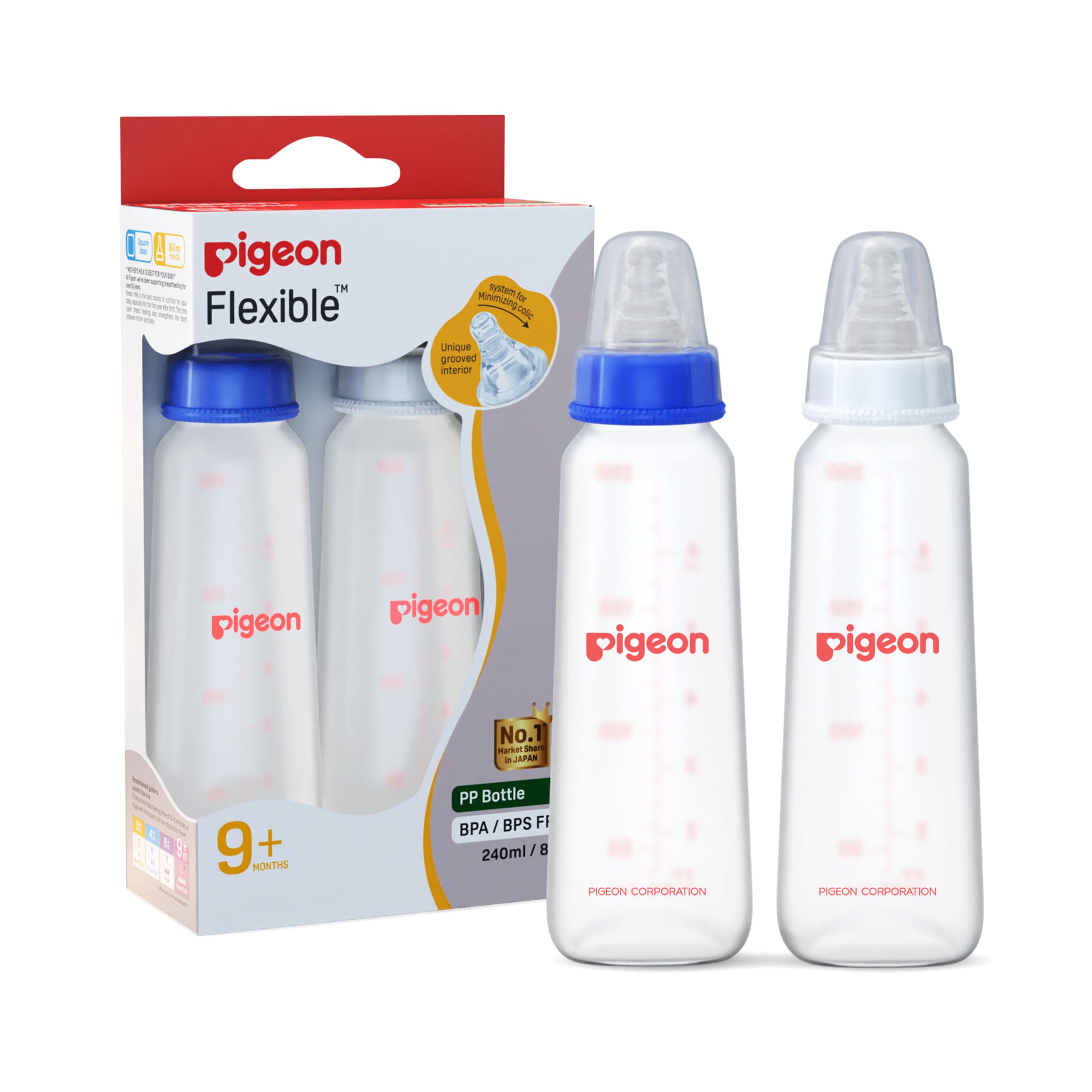 Pigeon Peristaltic Baby Nursing/Feeding Bottle KPP Nipple L,For 9+ Month Babies,BPA Free,BPS Free,Blue and White,240 ml,Pack of 2
