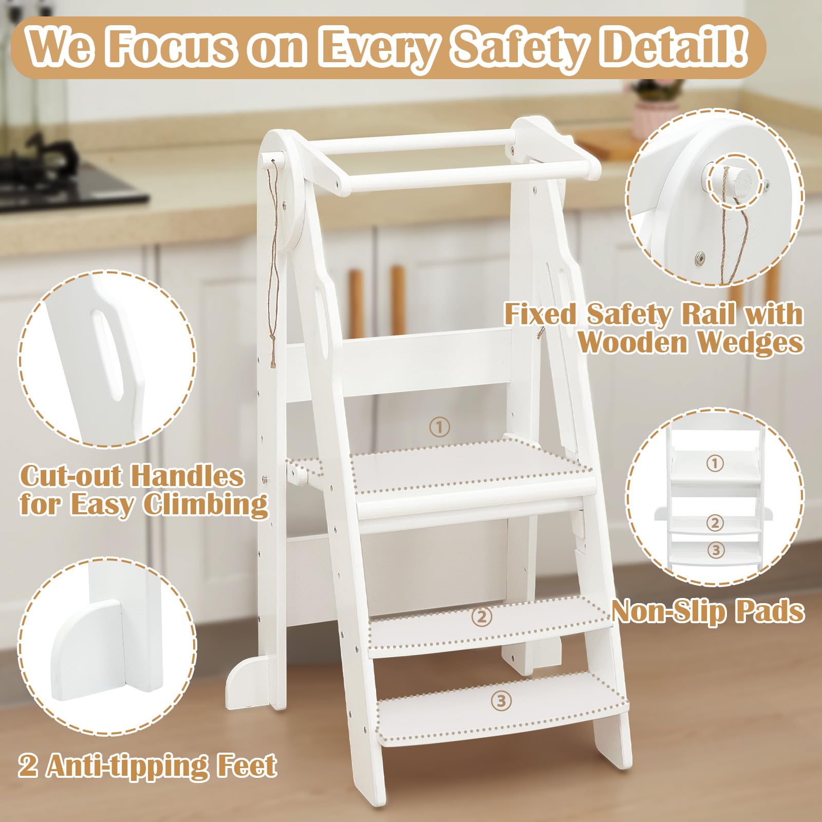 FUNLIO Taburete Plegable para niños de 2 a 6 años con Altura Ajustable de 3 Niveles, Taburete de Cocina Plegable con rieles de Seguridad, Taburete Montessori, fácil de Montar, Color Blanco