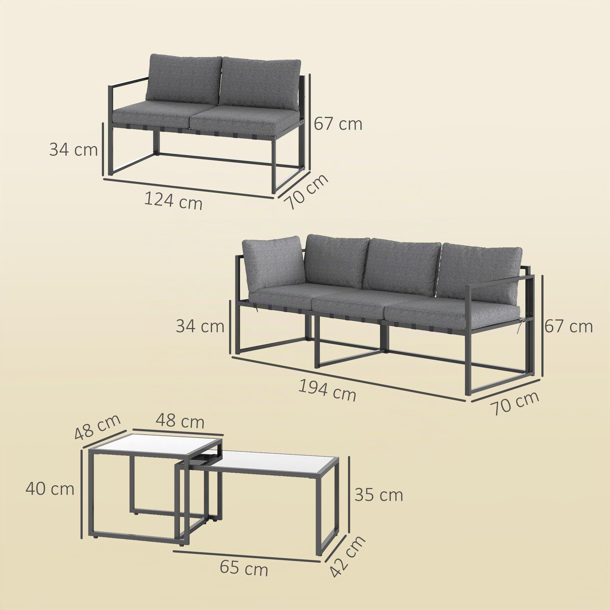 Outsunny Soggiorno da giardino esterno angolare 4 pezzi con divano a 3 posti e 2 posti, 2 tavolini estraibili in vetro temperato, cuscini inclusi, veranda grigio