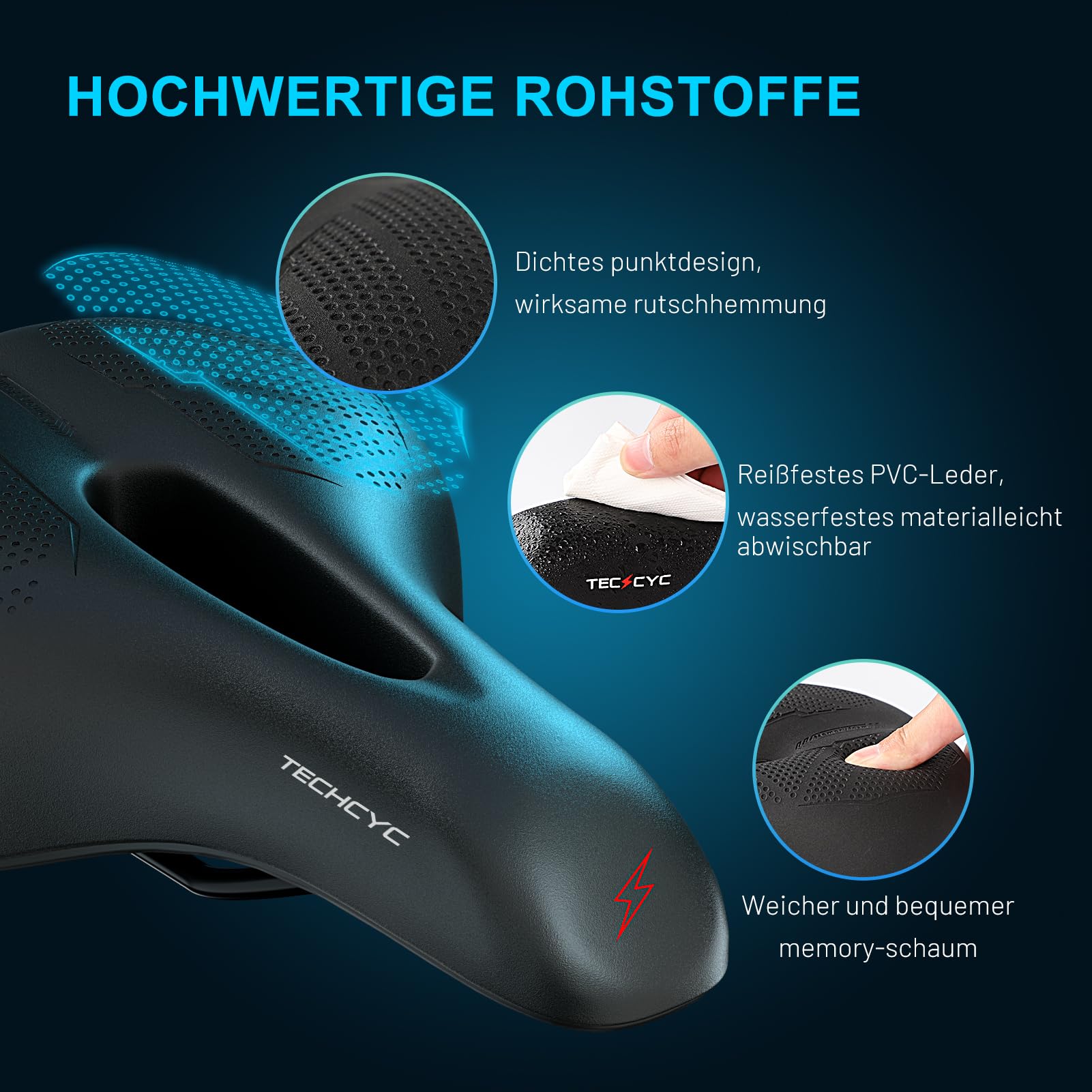 TECHCYC Fahrradsattel, Fahrradsitz Memory Schaum, Komfortabel Atmungsaktiv Stoßdämpfend, Ergonomischer Fahrrad Sattel für Herren & Damen mit Federung, in 3 Ausführungen wählbar