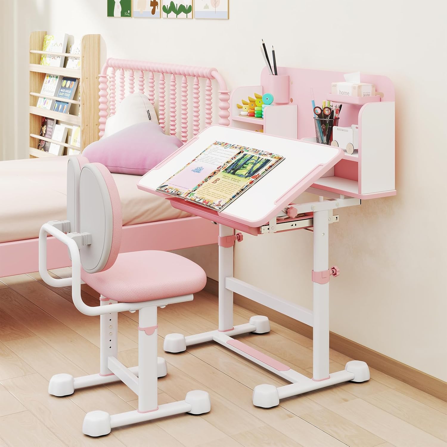 HONEY JOY Kids Desk and Chair Set, Height Adjustable Children School Study Table and Chair w/Tiltable Desktop, Bookshelf, Storage Drawer Hutch, Pen Holder, Student Writing Workstation(Pink)