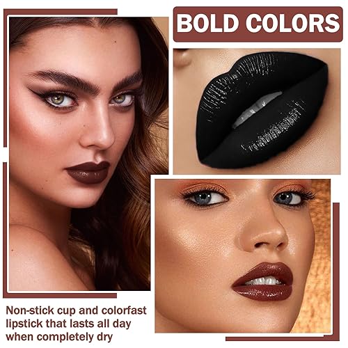 Miniatura 6 de QIUFSSE Juego de lápiz labial negro 3 en 1 y lápiz labial negro mate, kit de brillo de labios de larga duración, antiadherente, a prueba de manchas,