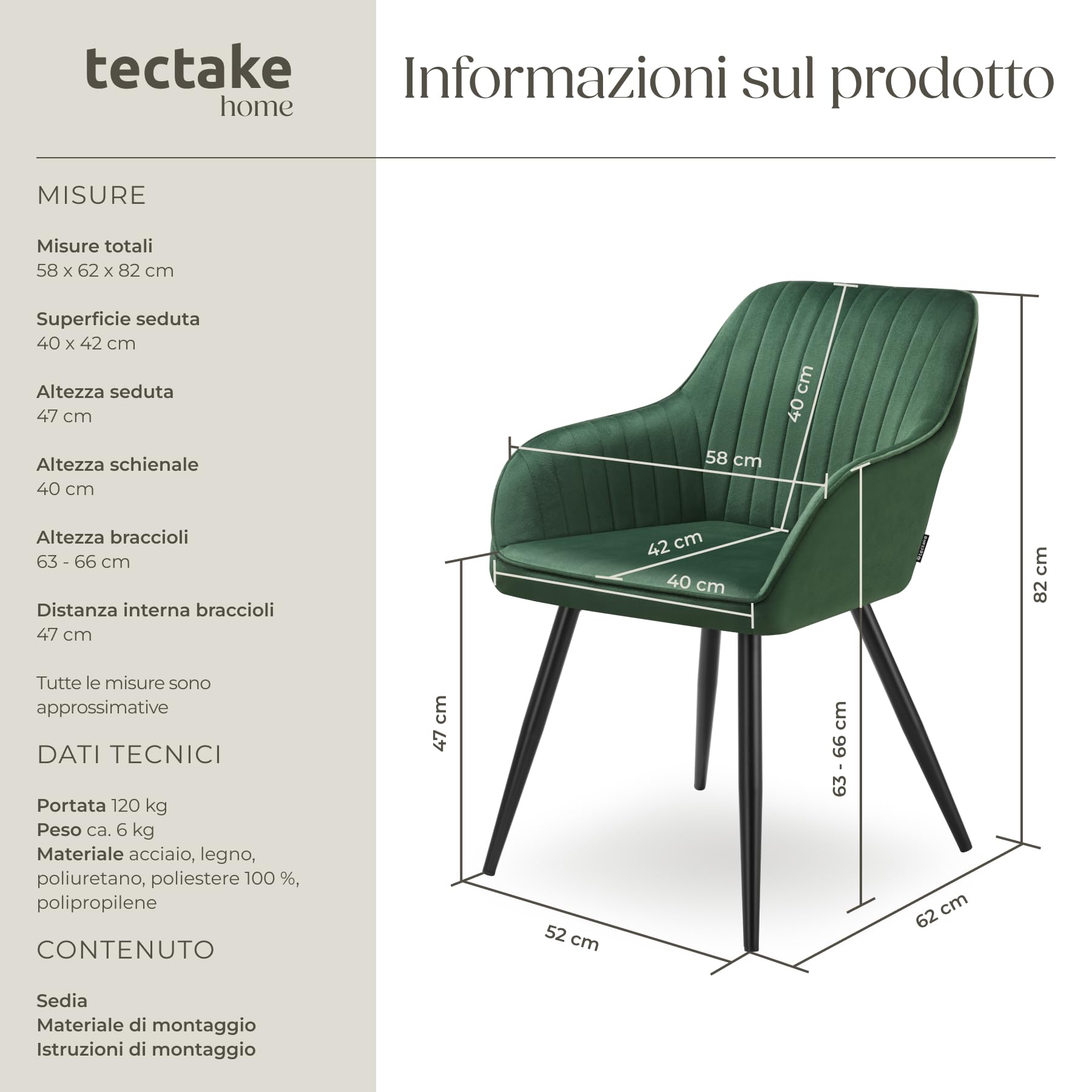 tectake® Sedie da Pranzo Effetto Velluto Trapuntato, Elegante, Imbottitura Schiuma Alta Densità, Gambe in Acciaio, Montaggio Semplice - Verde Scuro/Nero, 1 Sedia