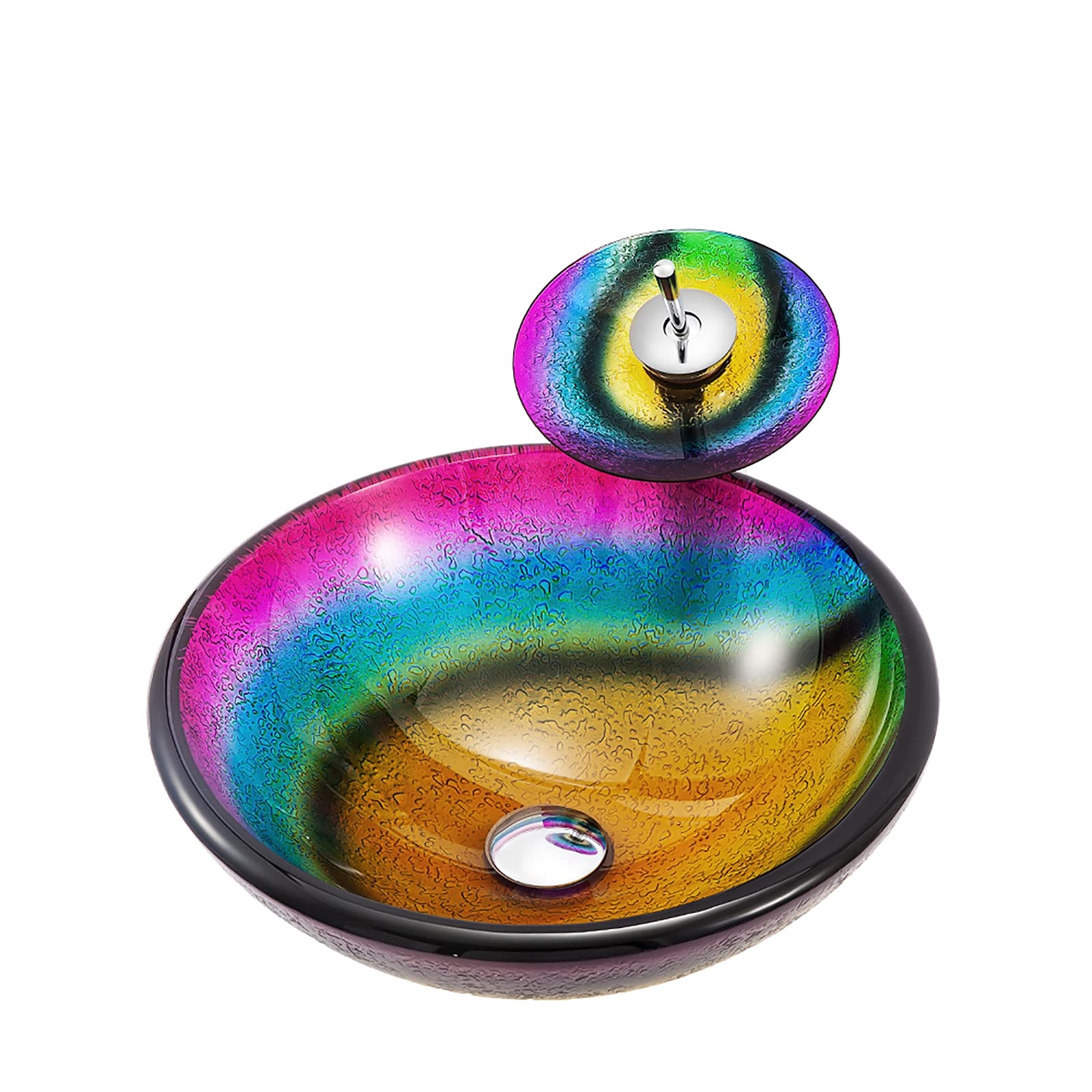 TIANQIHAO Bathroom Vessel Sink Vanity Tempered Glass Bowl Round Rainbow Colors Countertop With Faucet And Drain Combo Above Counter