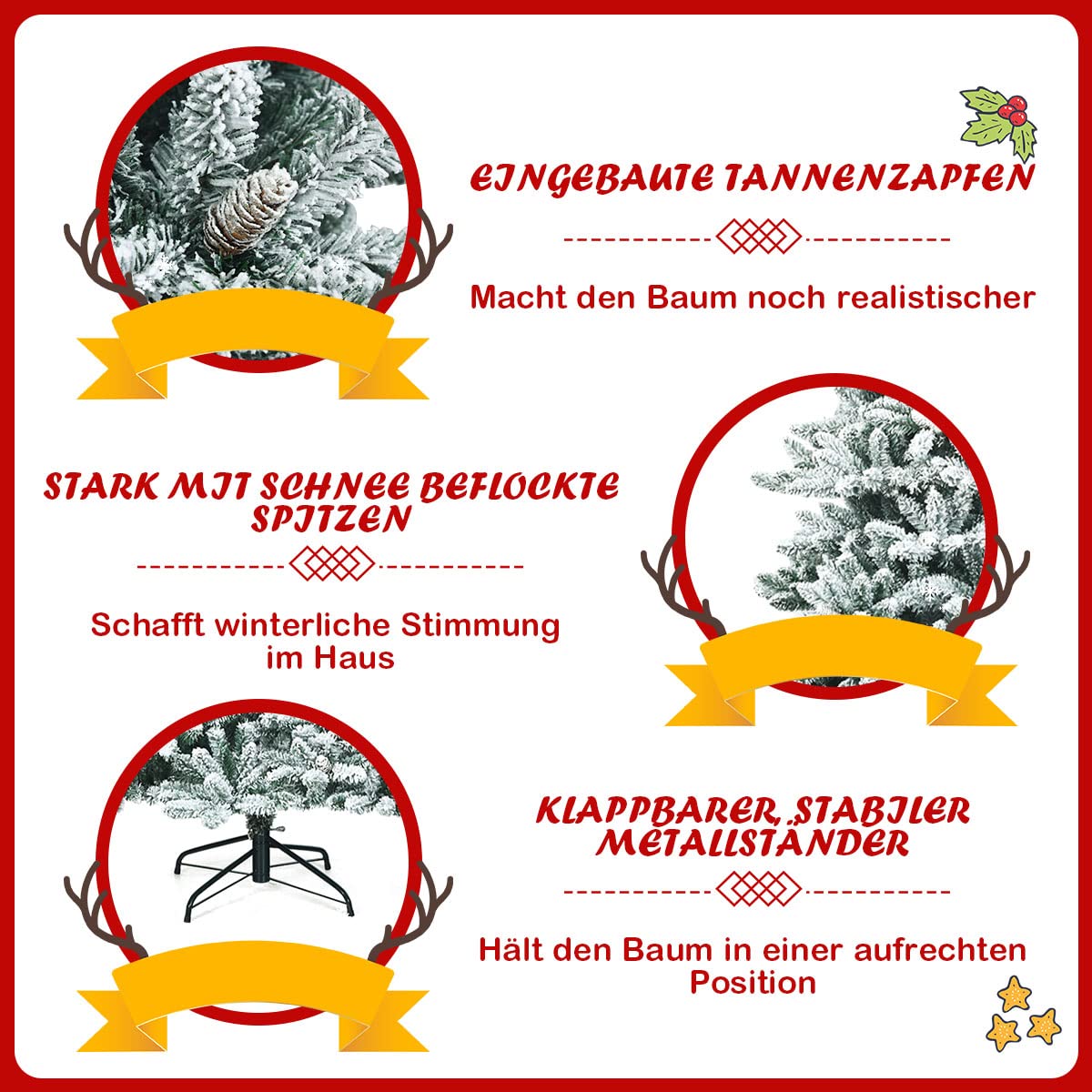 COSTWAY 210cm Künstlicher Bleistift Weihnachtsbaum mit Kiefernzapfen, schneebedeckter Tannenbaum mit Metallständer, Christbaum 1108 Spitzen PVC Nadeln, Kunstbaum Weihnachten Klappsystem