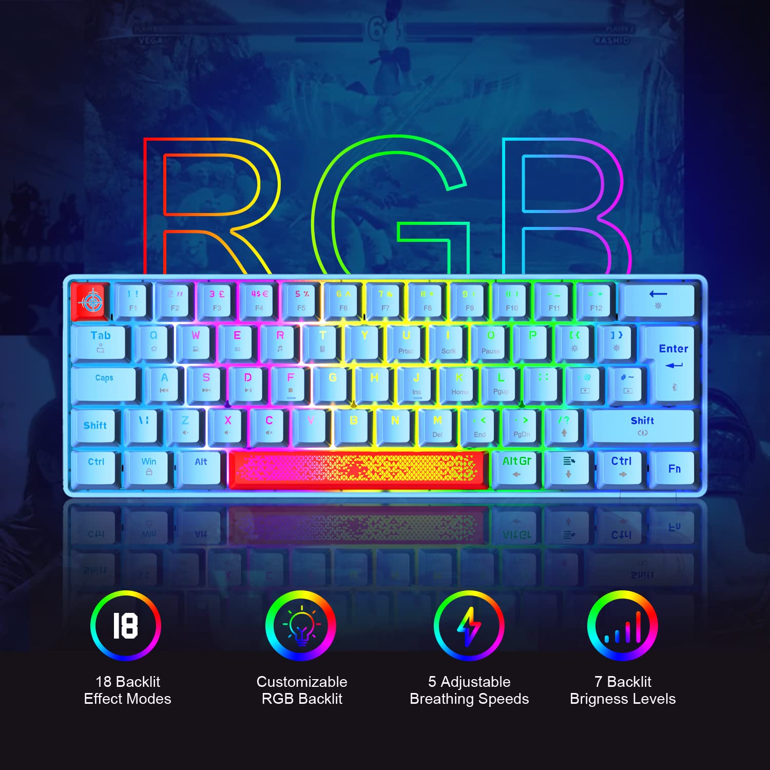 Tastiera da gioco al 60% con interruttore blu, 62 tasti compatti, 18 LED Chroma RGB retroilluminata, USB staccabile di tipo C, extra due tasti rossi tastiera meccanica (blu)