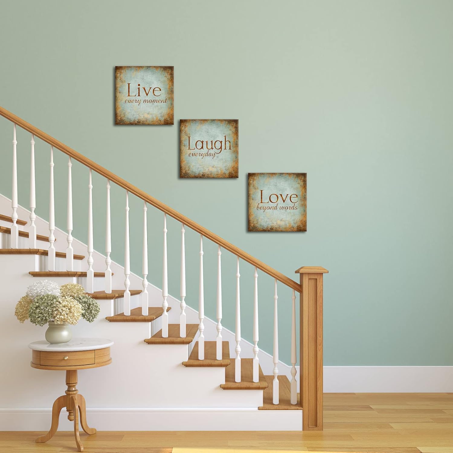 RnnJoile Teal and Brown Bathroom Decor Live Love Laugh Wall Decor Inspirational Pictures Wall Art Canvas Framed 12"x12" each