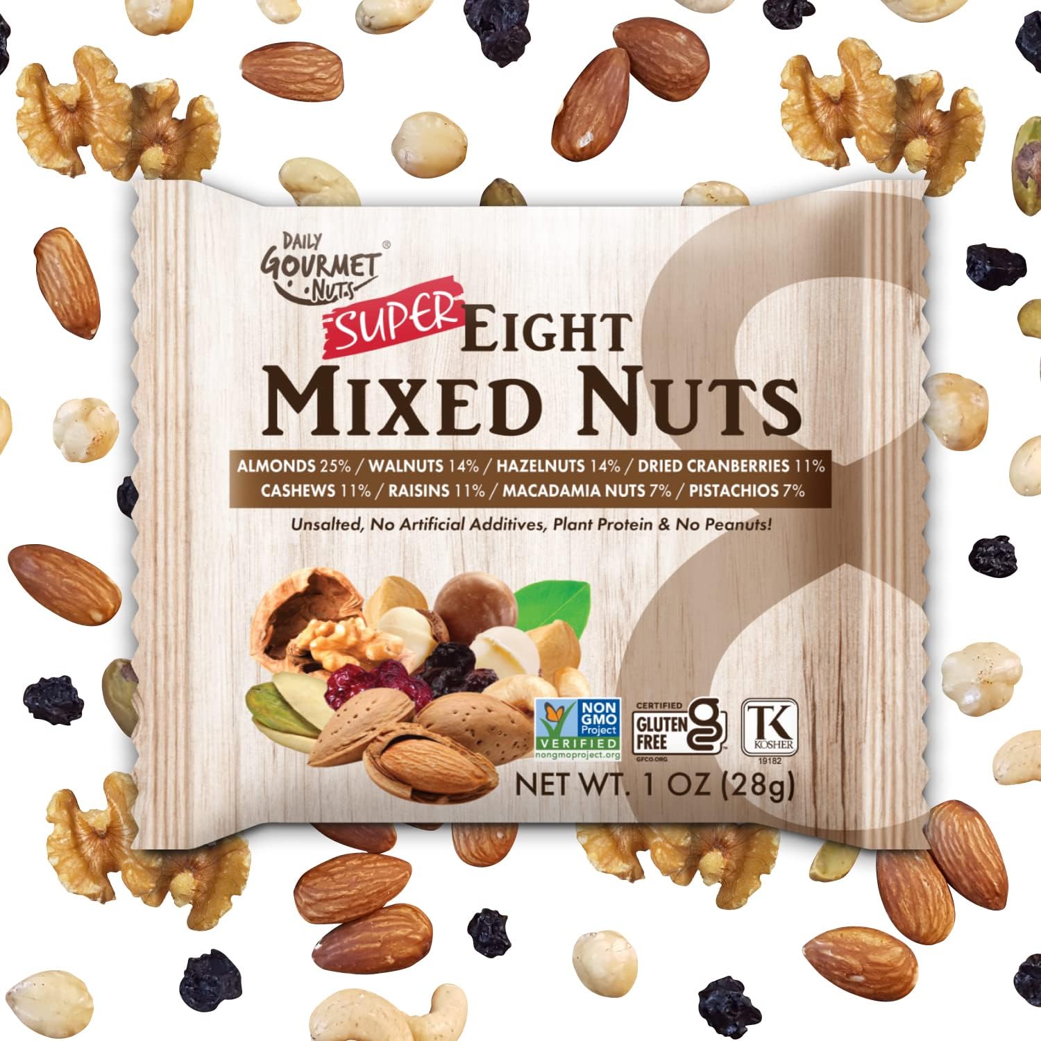 Daily Gourmet Nuts - Super 8 Mix, Healthy trail mix Individual packs, Premium Nuts & Dry fruit, Gluten-Free, Non-GMO, No junk food, Nuts Individual Packs (24 Packs), Office Snacks
