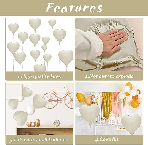 Miniatura 3 de Globos de corazón crema, 10 globos de aluminio blanco crema en forma de corazón, globos de papel de aluminio beige de 18 pulgadas para helio, globo
