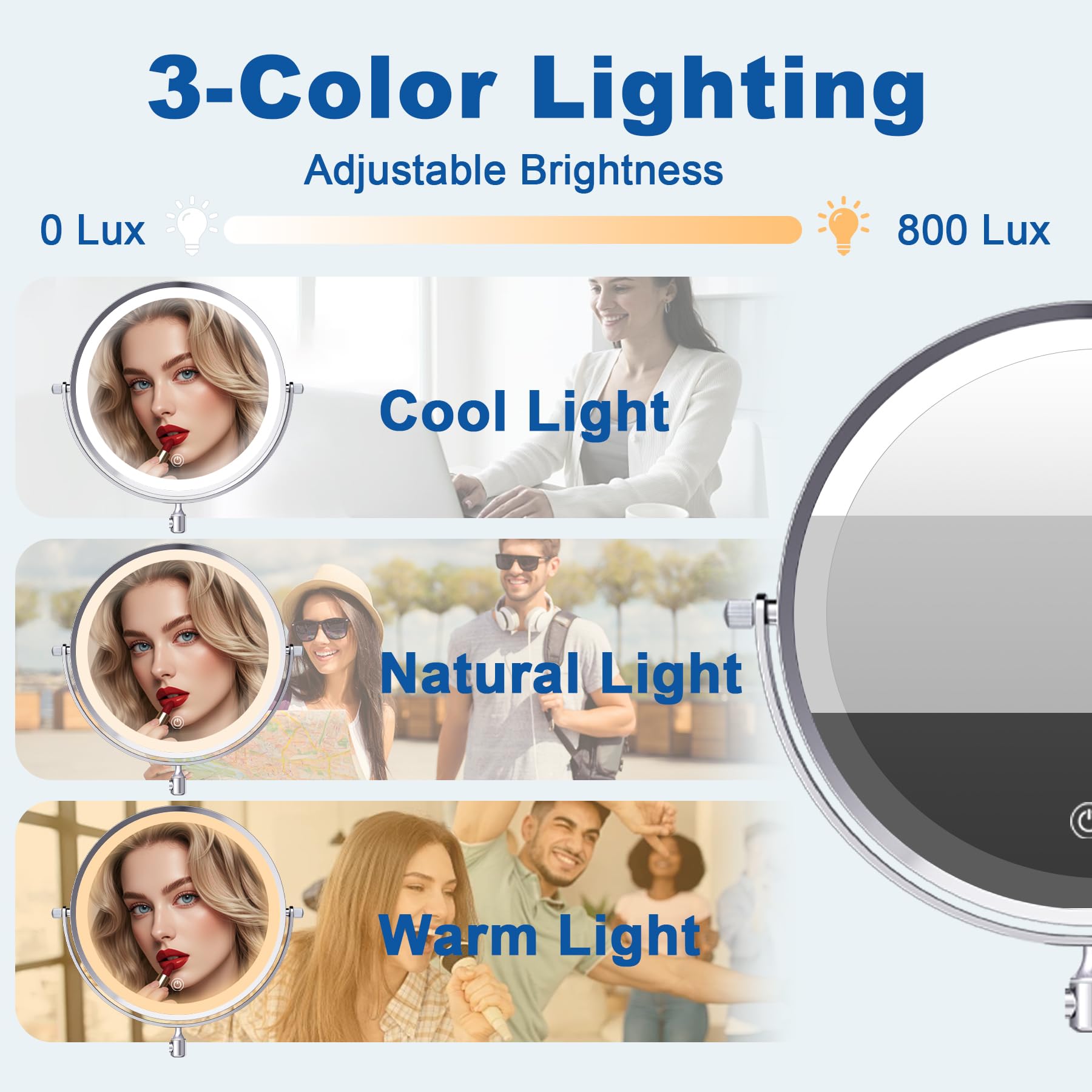 Espejo de Maquillage de Pared con Ventosa, 1/10X Aumento, 2000mAh Recargable Espejo Iluminado de Maquillaje con Ventosa, 360°Rotación para Baño, Espejo de Pared Cromo