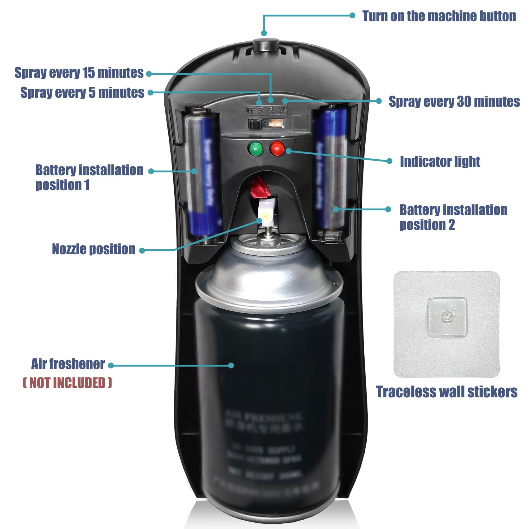 Dispensador automático de fragancia, dispensador automático de aroma, de pie o montado en la pared para el hogar, interior, baños, oficinas, hoteles y lugares comerciales (4 unidades) (negro)