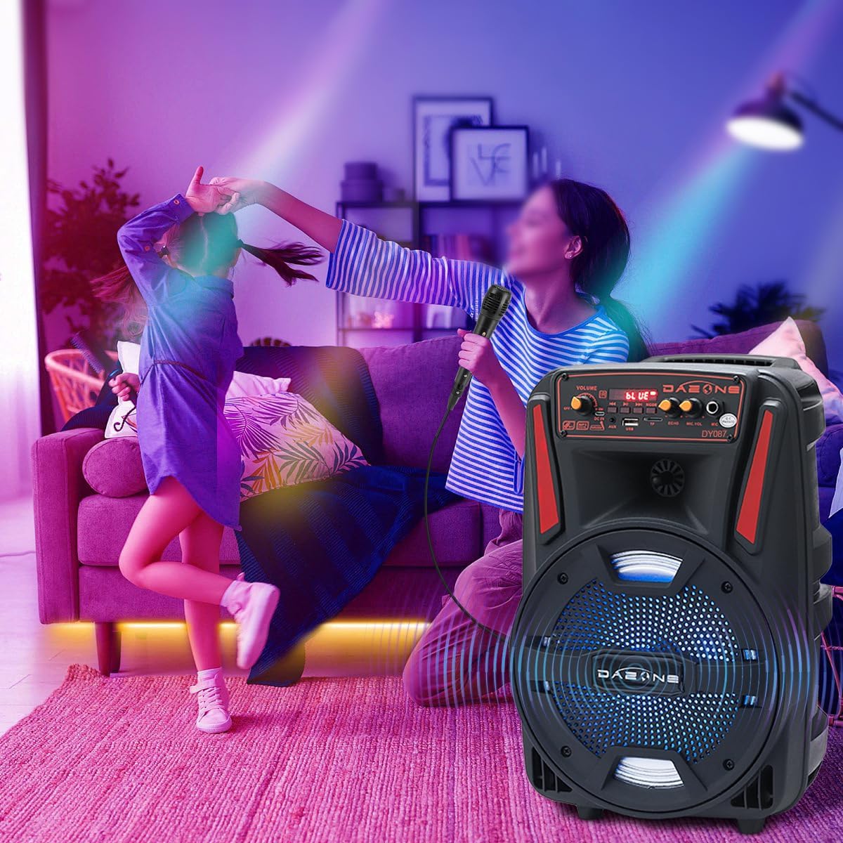 8 Inch Wireless Portable Party Bluetooth Speaker, Battery Powered Loud PA Speaker System with Bass for DJ Music, Karaoke Machine with Wired Microphone, Remote Control, LED/USB/TF/AUX/FM