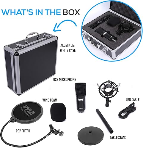 Miniatura 9 de Pyle Kit de grabación de podcasts de micrófono USB, micrófono de condensador cardioide de audio con soporte de escritorio y filtro pop, para juegos,