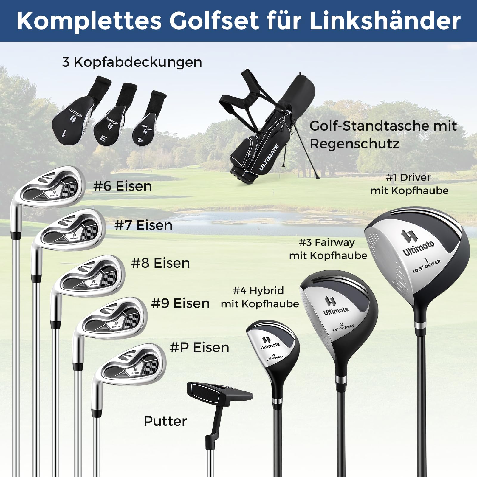 COSTWAY Golfschläger Set Herren, 9 teiliges Golfset linkshändig mit Golftasche & Regenhaube, Golfschlägersätze mit Putter, Driver & Fairway & Hybrid & Eisen, Komplettes Golf Set