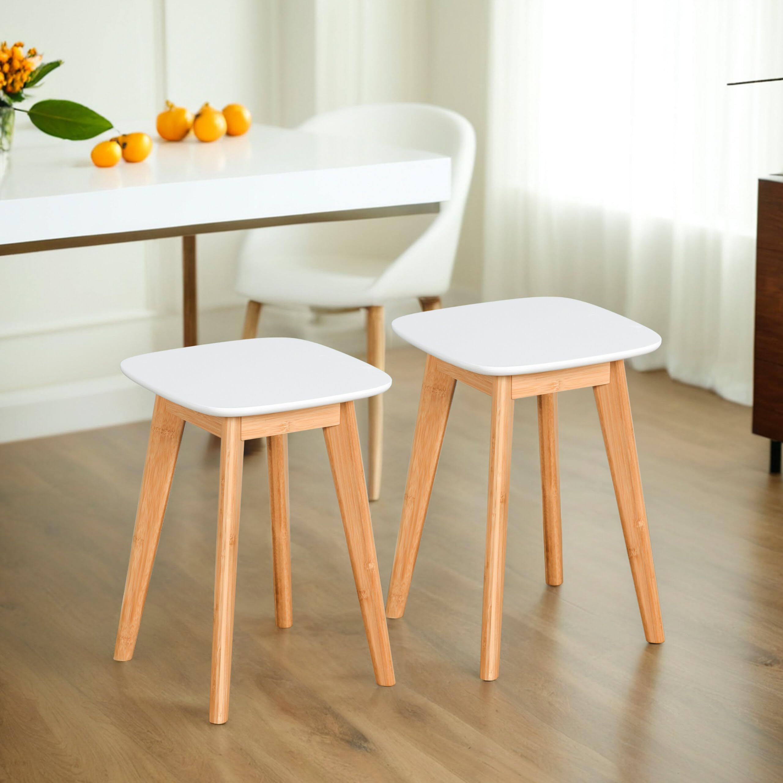 Relaxdays Tabourets de Cuisine, Lot de 2, Bambou, MDF, Salle de Bain, H x L x P : 45,5 x 33 x 33 cm, Naturel/Blanc