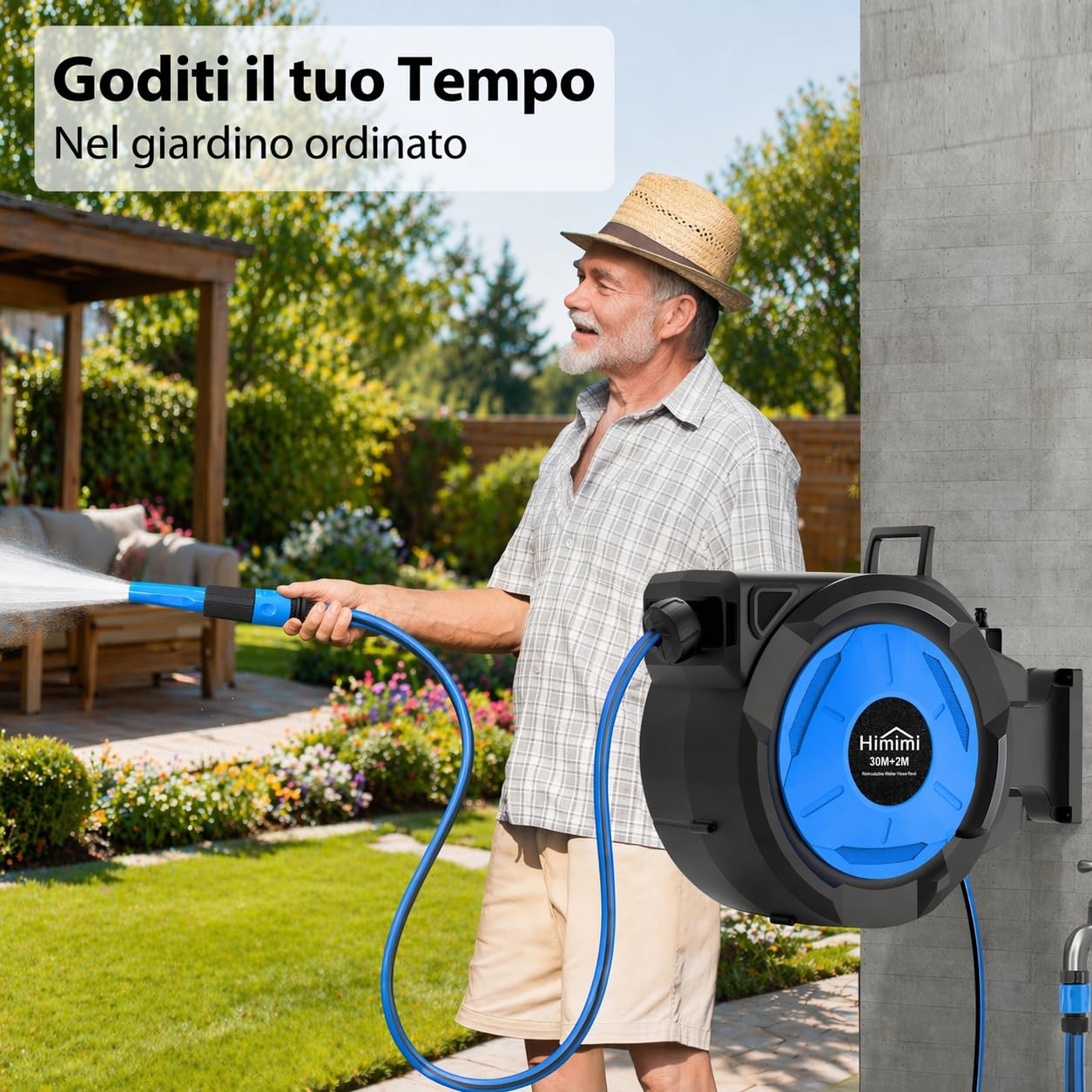 Himimi Enrollador de Manguera de Jardín Retráctil de Pared 30 m + 2 m, Carrete Automático 1/2", Rebobinado Lento, Bloqueo a Cualquier Longitud, Soporte Giratorio 180°, Resistente a UV y Heladas