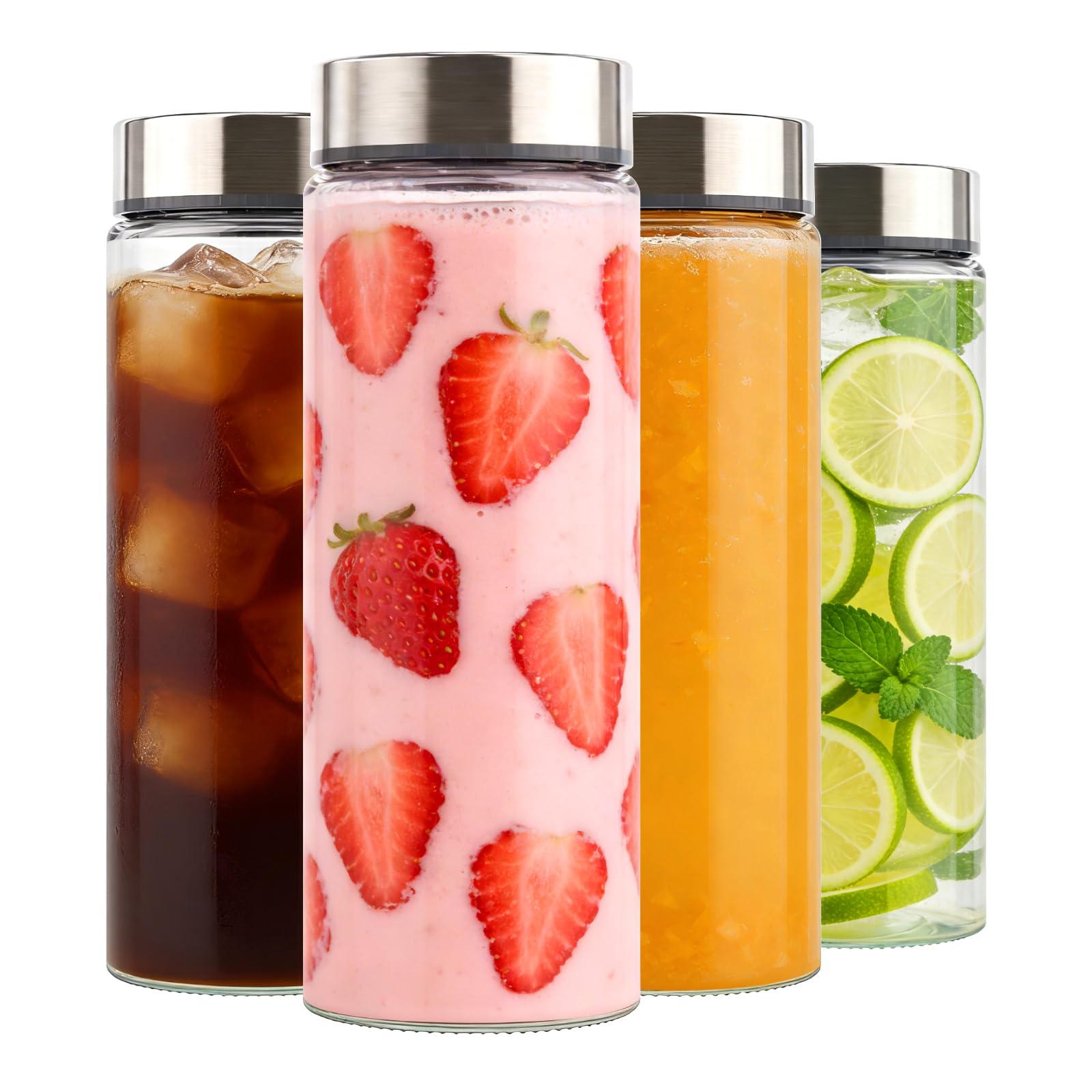 Cafezi 20 oz Wide Mouth Glass Juice Bottles with Stainless Steel Lids | Leakproof, Airtight, Reusable, Dishwasher Safe, Cup Holder Fit, Brush Included, for Juices, Smoothies, Infused Water, 4 Pack