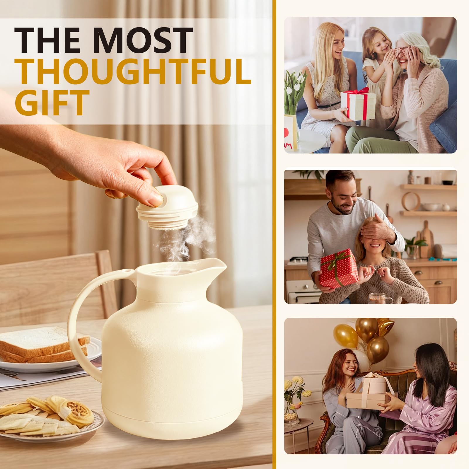 Thermoskanne Kaffeekannen Vakuum Isolations, Thermosflasche Für Heißen Und Kalten Teekaffee, Mit Einfachem Sicherheitsdruckknopf Für Küche, Büro, Hotel (Beige,1.1L)