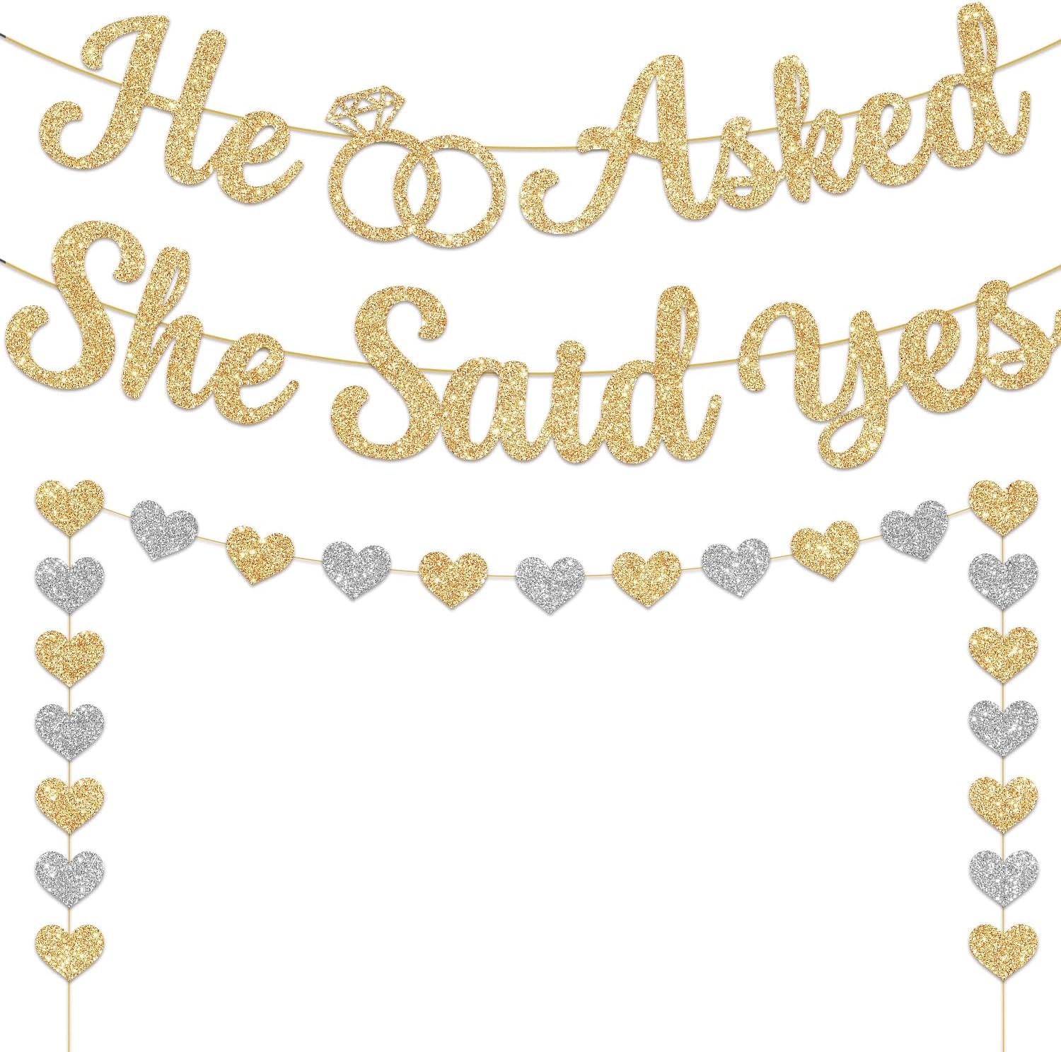 NODIY He Asked She Said Yes Banner, Gold Glitter