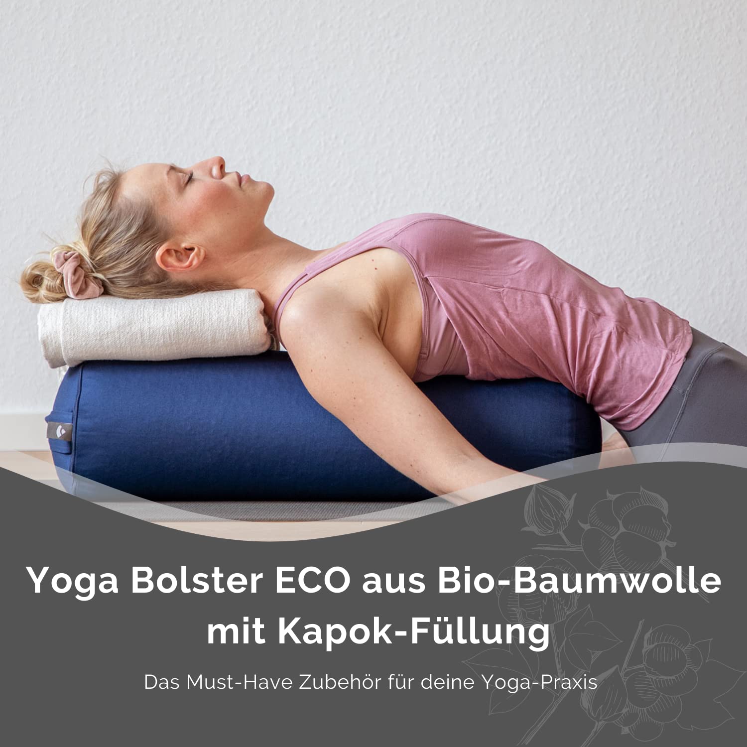 Bodhi Coussin de yoga | Série Eco | Rouleau de yoga avec rembourrage en kapok | Housse lavable en 100 % coton bio | Coussin de yoga pour yoga restaurable | Grand 65 x 22 cm