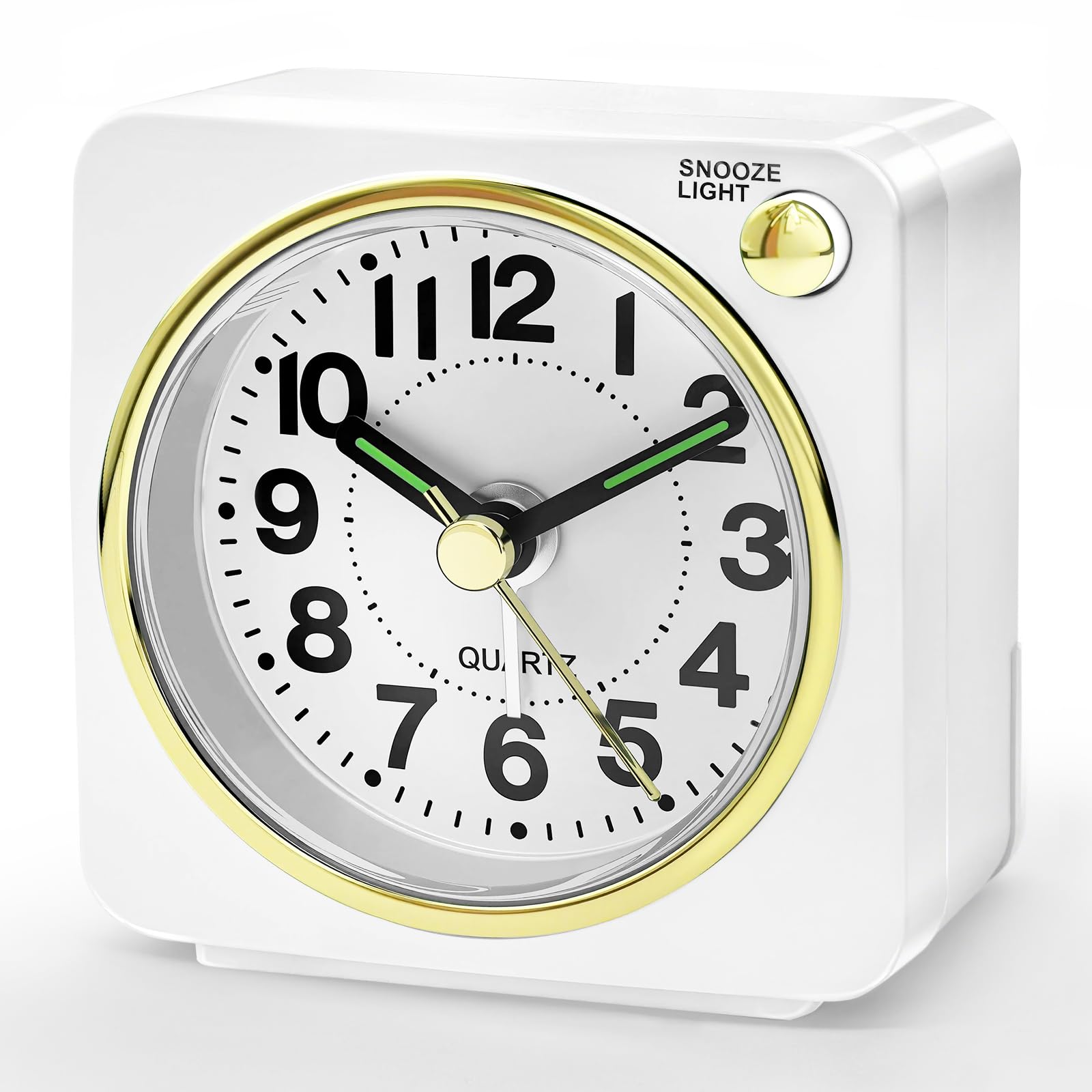 Lamisola White and Gold Battery Analog Travel Alarm Clock, Ultra Small Classic Bedside Clocks for Nightstand, Cute Desk Clock for Romm Bathroom Kitchen Guest Room, White