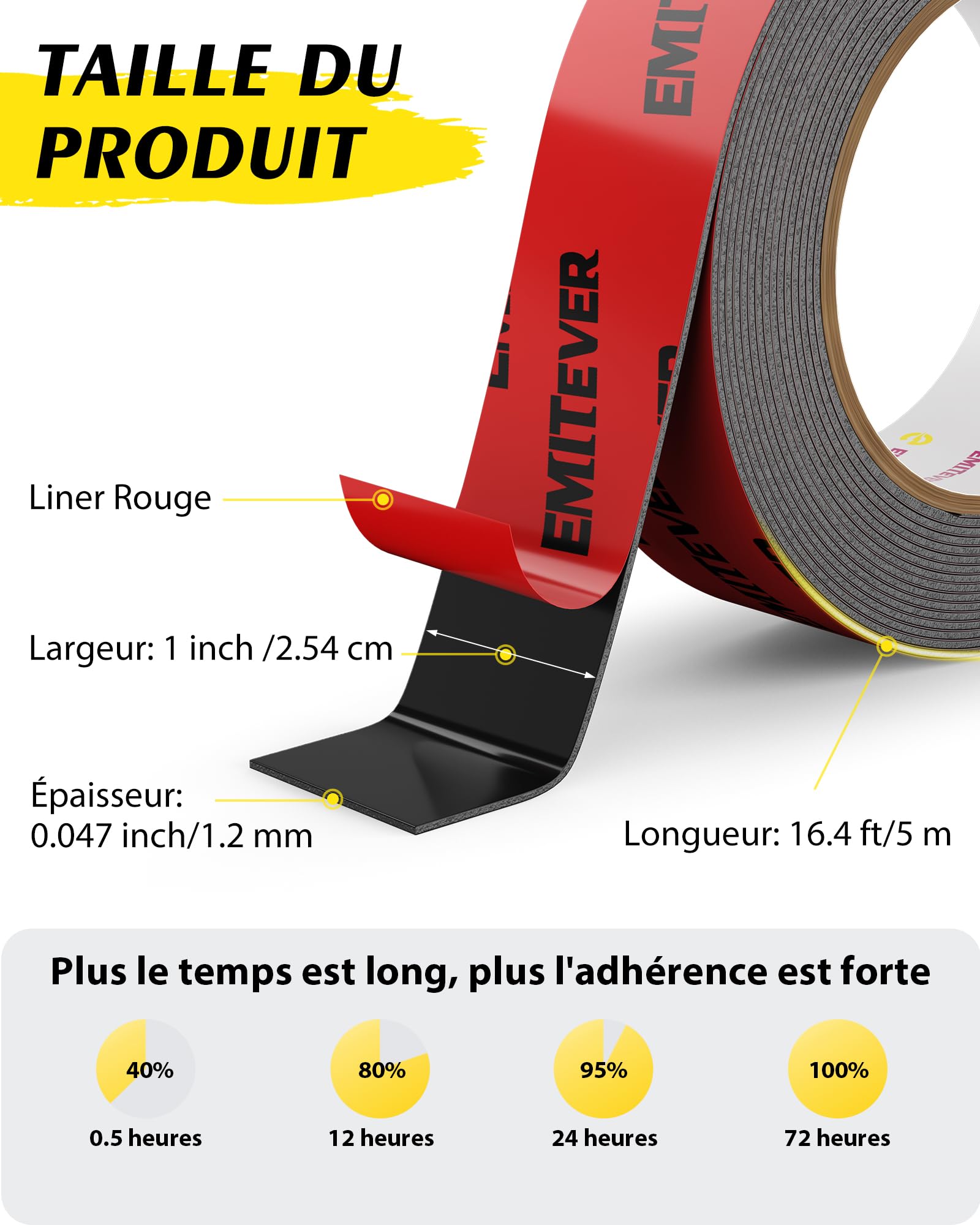 Ruban Double Face Extra Fort 25mm 5M Adhésif Acrylique Imperméable Noir