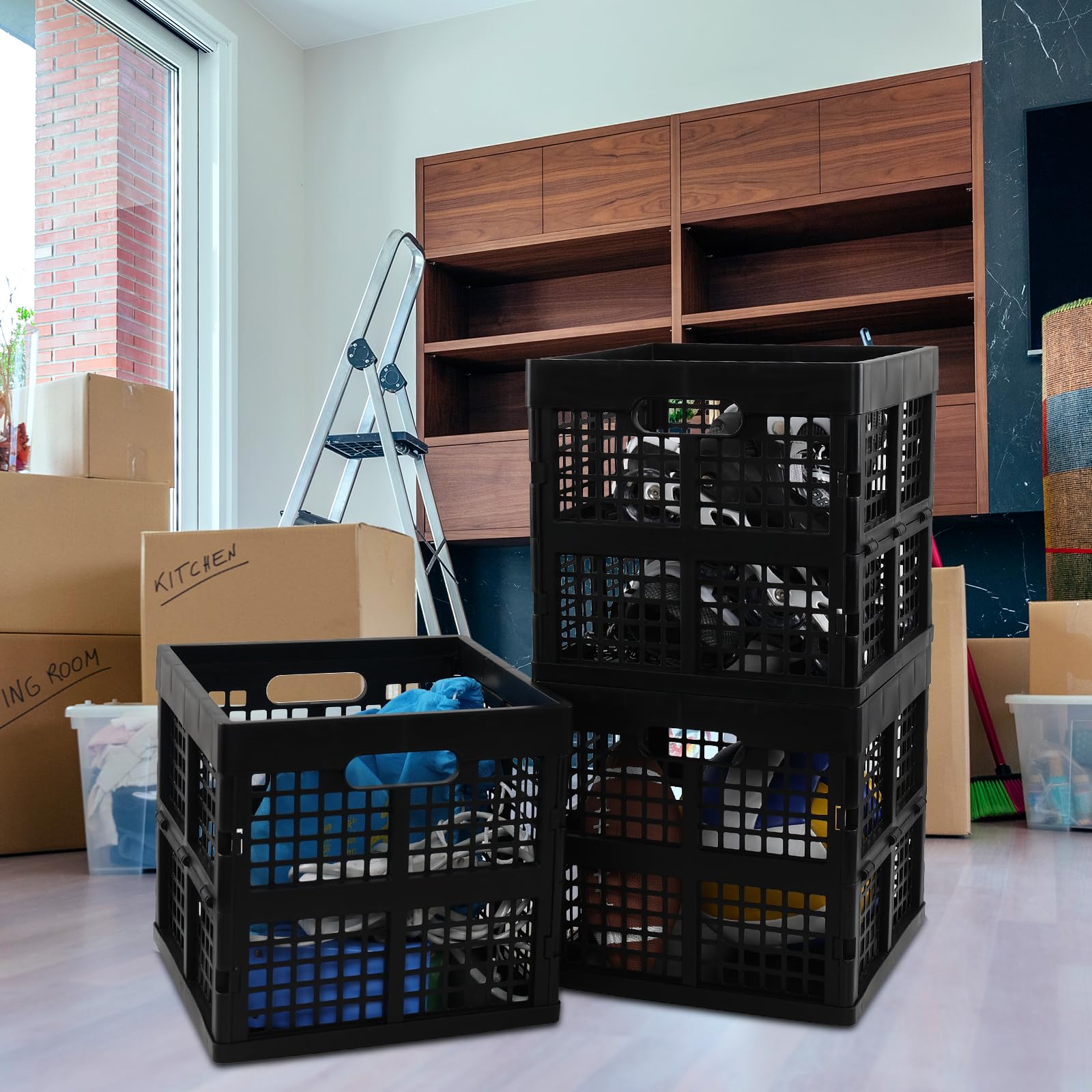 Caja de leche de plástico apilable negra, cajas plegables de plástico de 18 L, paquete de 3