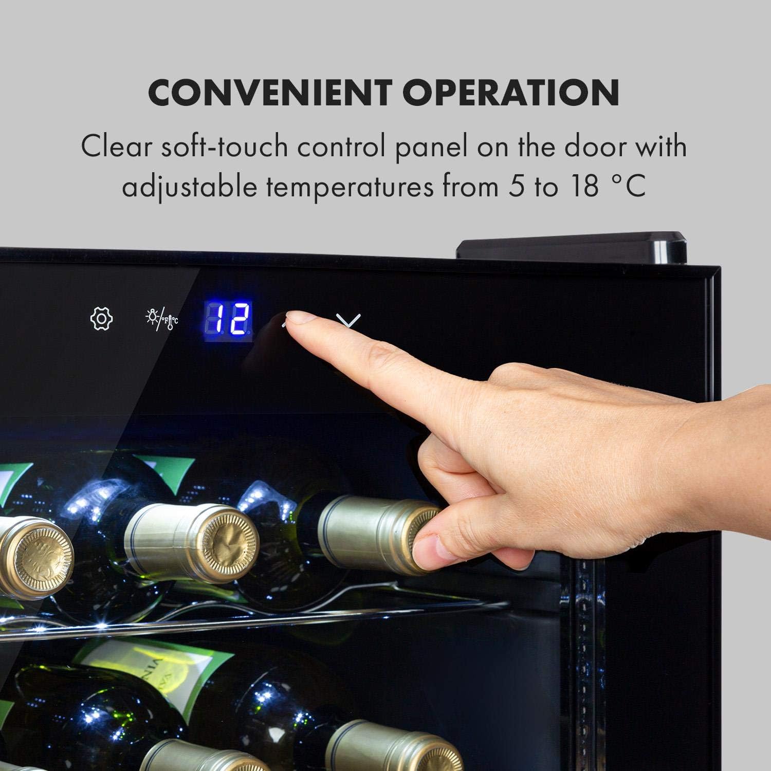 Klarstein Shiraz Uno - wine refrigerator, temperatures: 5-18 ° C, 42 dB, soft-touch control panel, 4 shelves, space for 20 bottles of wine, capacity: 53 liters, black