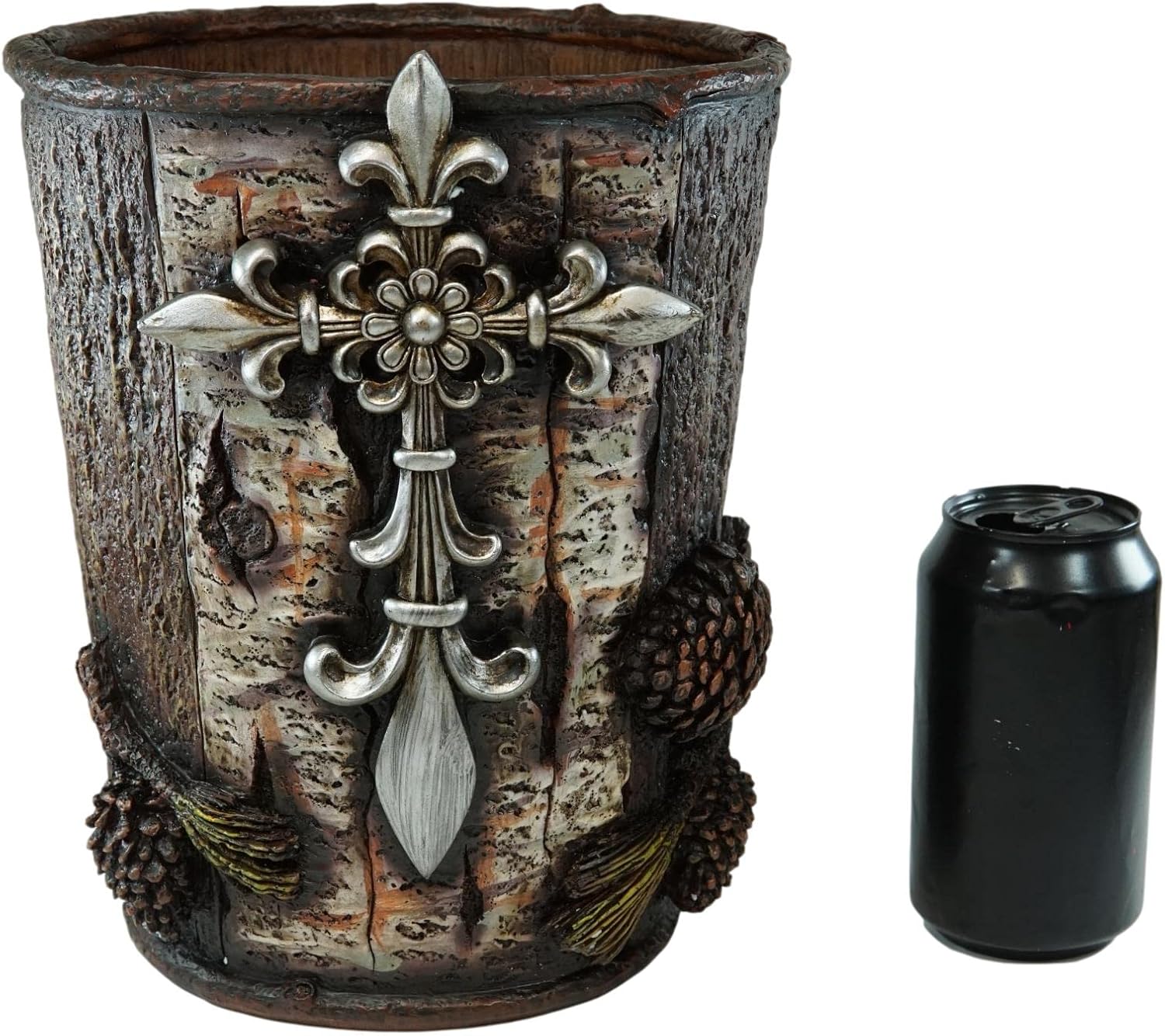 Ebros Gift Rustic Southwestern Inspirational Le Fleur Cross with Birch and Pinecones Bathroom Accessory Resin Sculpture Fleur De Lis Accent (Dry Waste Basket Trash Bin)