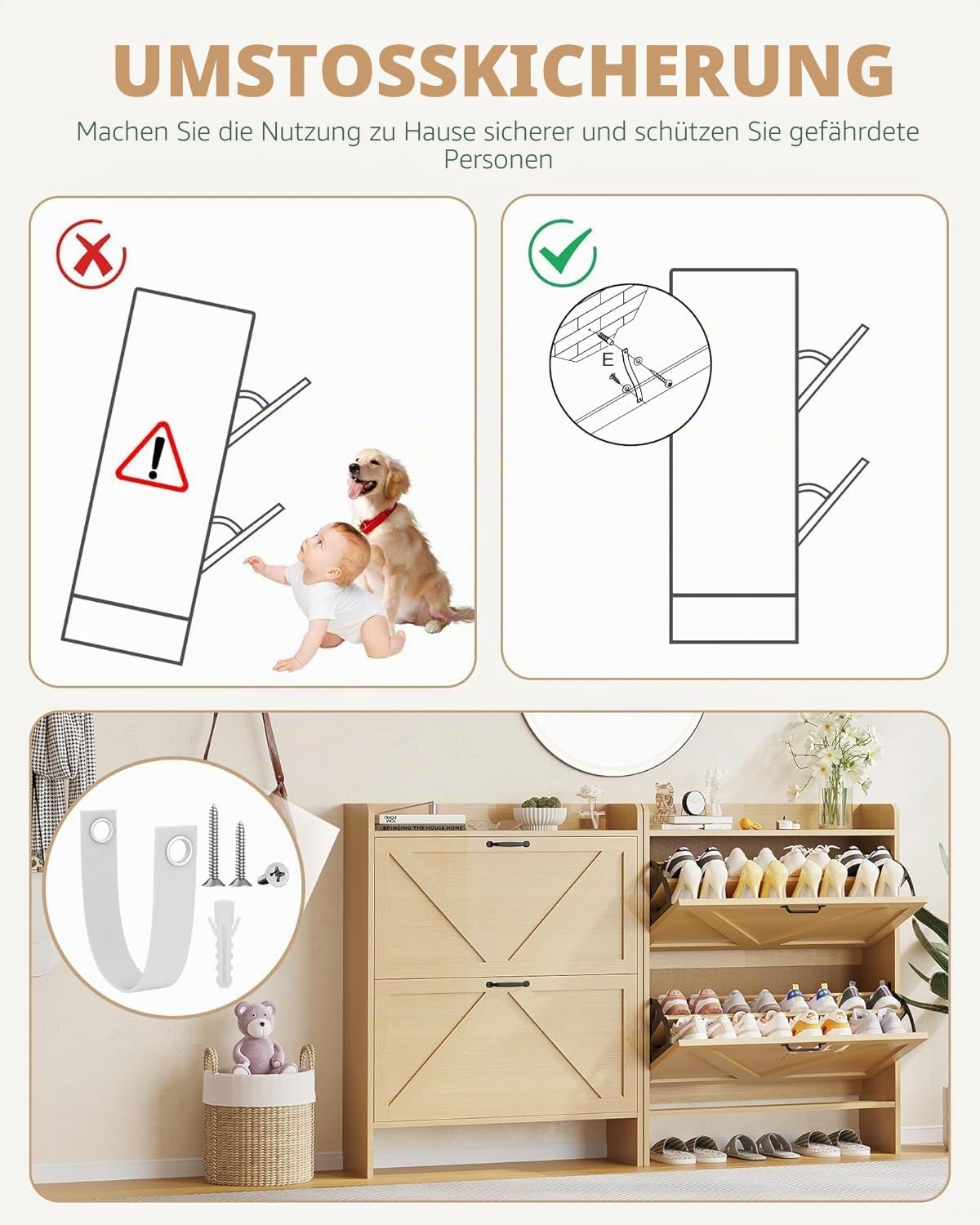 Breit 80 X24x100 Hoch cm Schuhschrank Mit 2 Klappen, Verstellbare Zweistufige Regalböden, Schmal Schuhkipper Schuhe Schrank Shoe Cabinet für Flur, Holz Boho