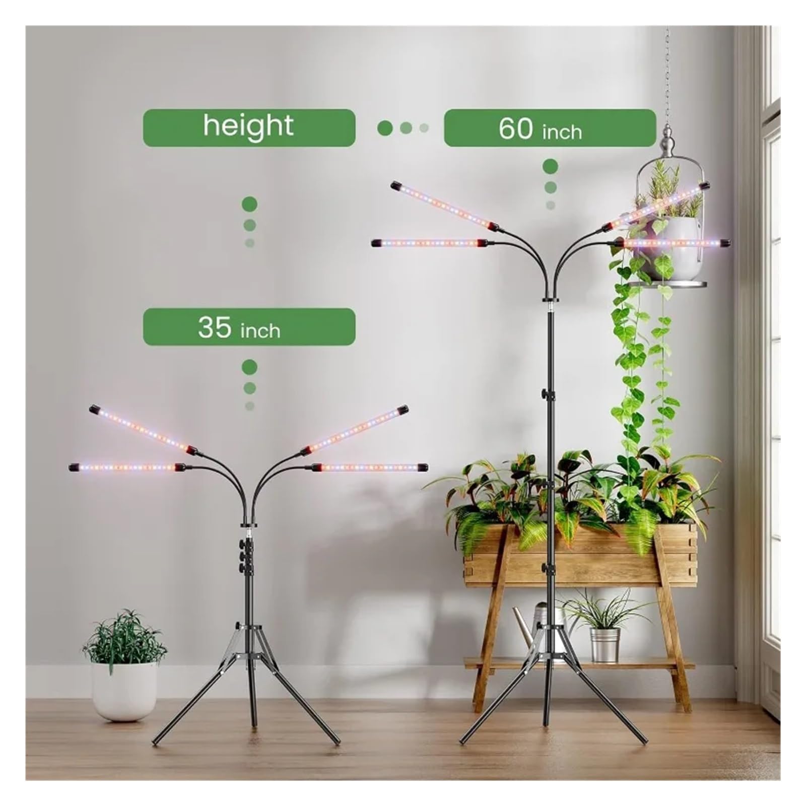 Lámpara de Plantas, Luces de cultivo for plantas de interior, luz LED de espectro completo for plantas con soporte (trípode ajustable de 15-60 pulgadas for plantas de suelo, rojo/azul/