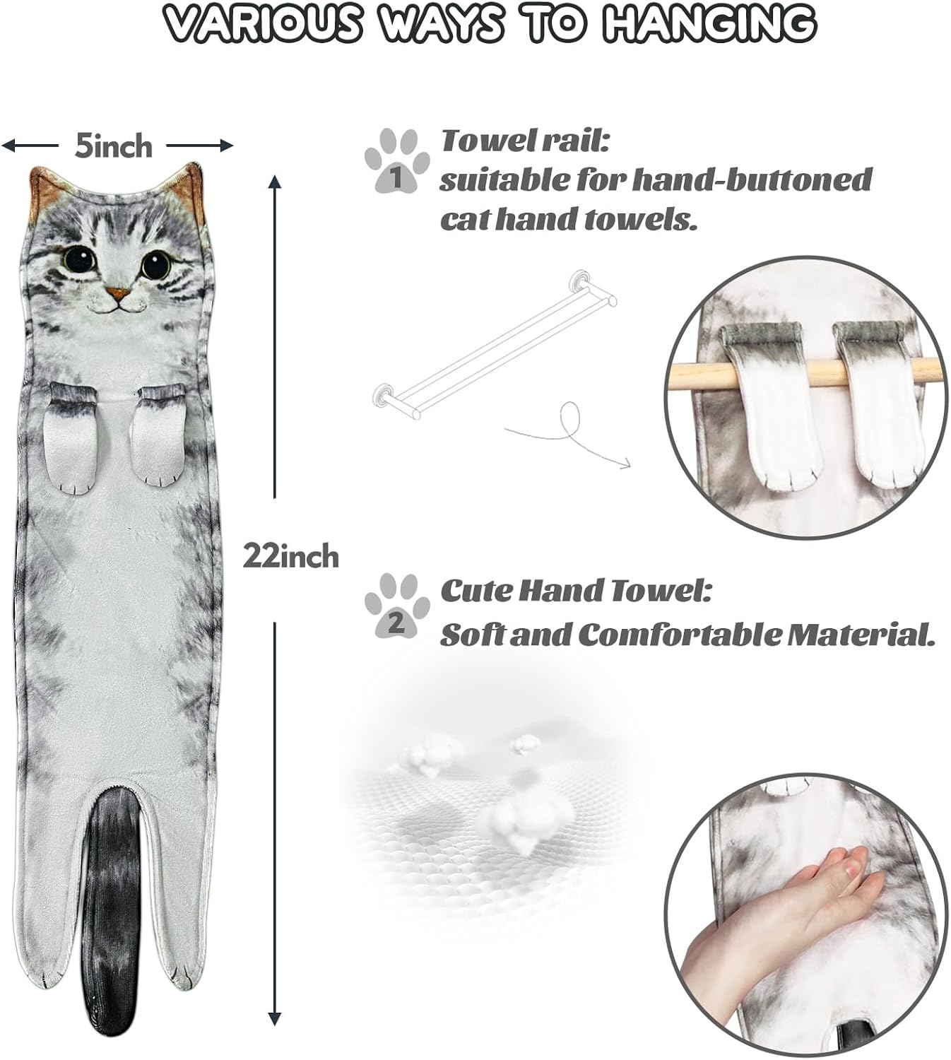 Cat Hand Towels for Bathroom - Funny Kitchen Decorative Towels, Absorbent Soft - Gifts for Women and Cat Lovers - Image 2
