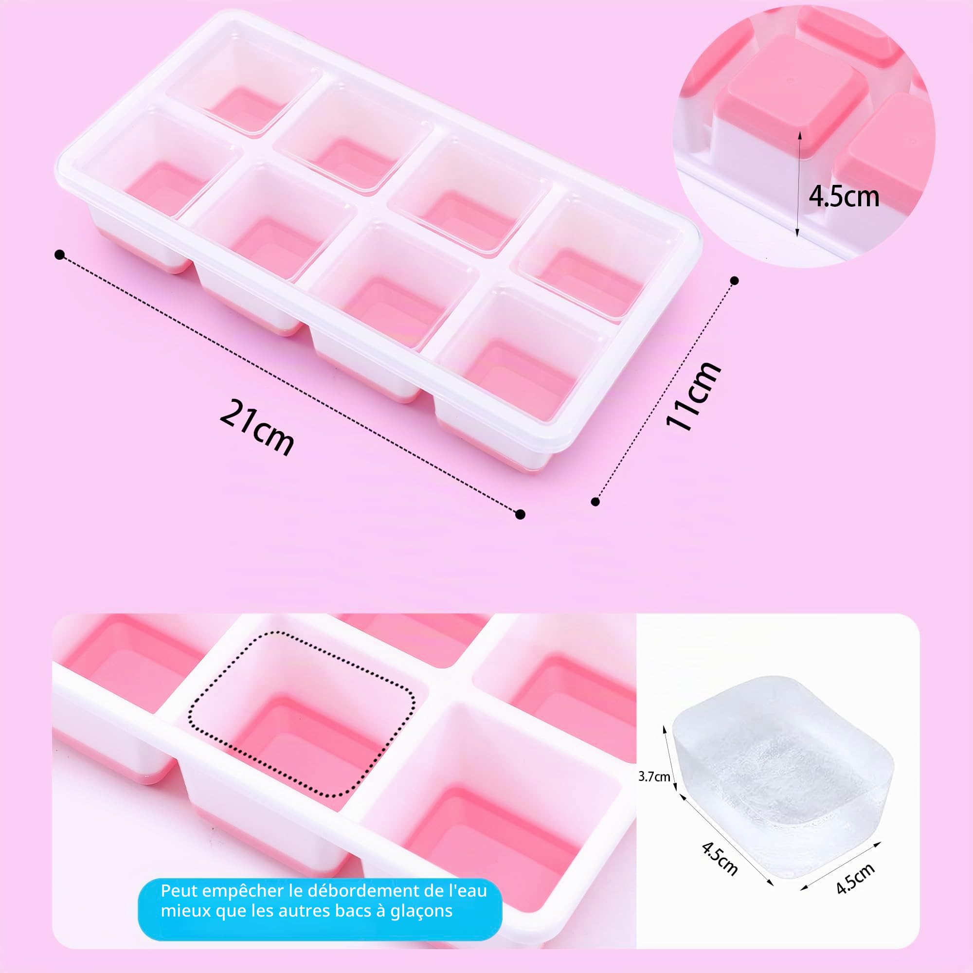 Moules à Glaçons en Silicone avec Couvercle, 3 Pack, Empilable, Forme Sûre pour Cocktail, Whisky, Café (Rose+Jaune)