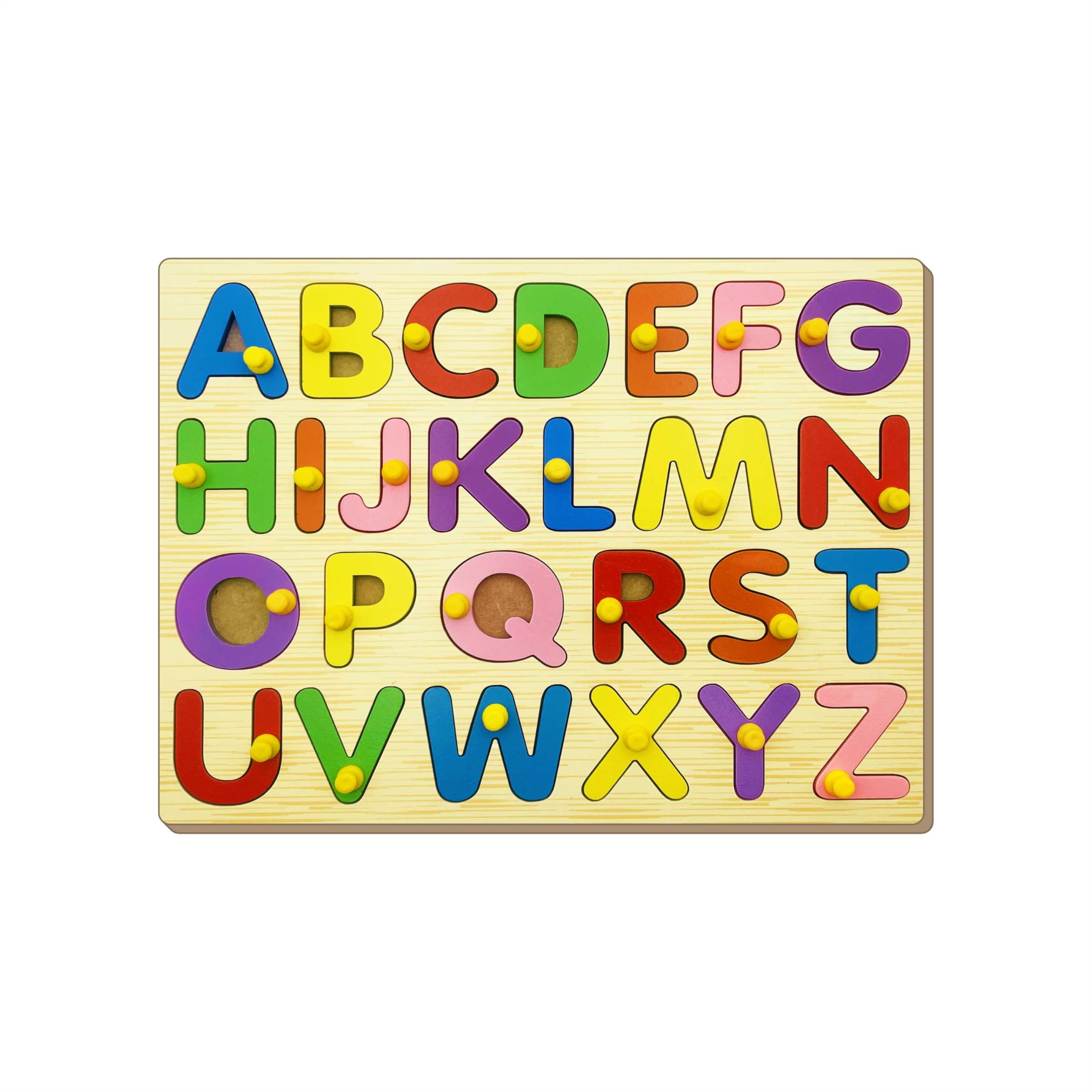 Little Genius Wooden Uppercase Alphabet Puzzle with Knobs | Educational Learning Toy for Toddlers and Preschoolers | Multicolor | Puzzle Tray for Kids