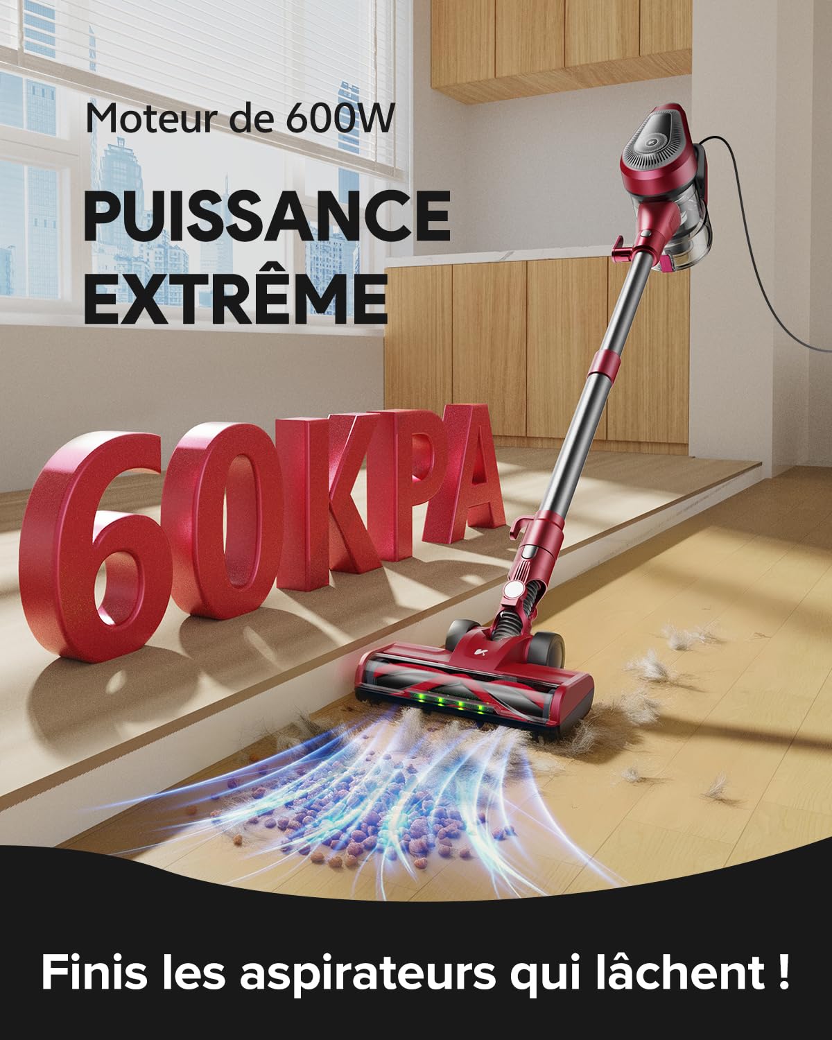 Vexilar C8 Aspirateur Balai avec Fil, 600W/60Kpa Aspirateur Balai Filaire Puissant, Câble de 7m, Brosse Anti-Emmêlement, Filtre HEPA, 1,5L, Aspirateur Léger pour Sols Durs, Tapis et Poils d’Animaux