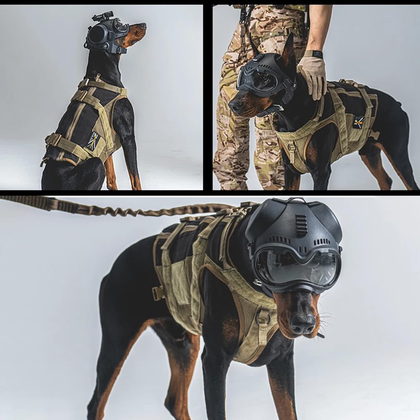 Casco tattico K9 per cani con occhiali per K9 e cani da lavoro militari con protezione per le orecchie rimovibile sulla parte superiore