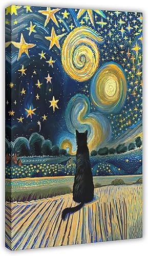 Fyzuf Arte de pared de gato, pintura al óleo sobre lienzo, póster de lindo cubismo de gato, colorido, lindo, gatos, decoración estética, habitación,