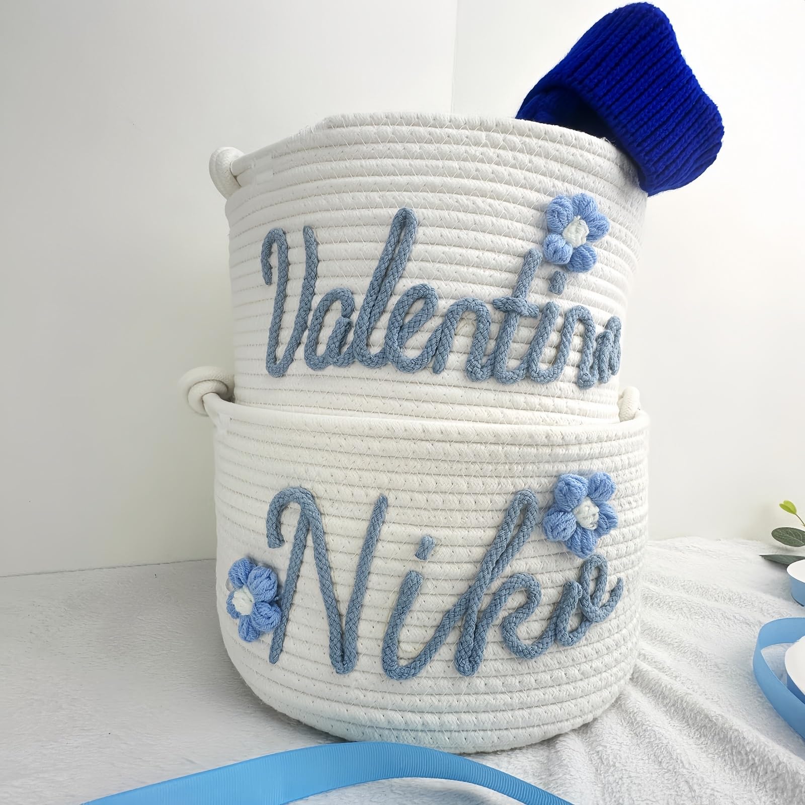 Cestino Intrecciato In Corda Di Cotone Personalizzato Con Nome per Neonato, Regalo Personalizzato per Battesimo Neonato, Contenitore per Pannolini, Contenitore Portaoggetti per Neonati(28cm x 16cm)