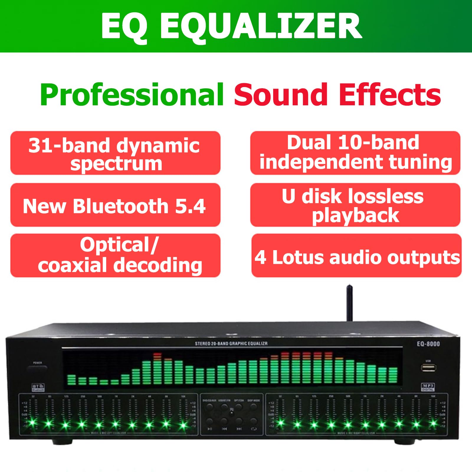 Equalizzatore digitale a 31 bande HiFi, Bluetooth 5.4, con riduzione del rumore, 12 modelli di ritmo, doppia sintonizzazione a 10 segmenti, per studio di registrazione
