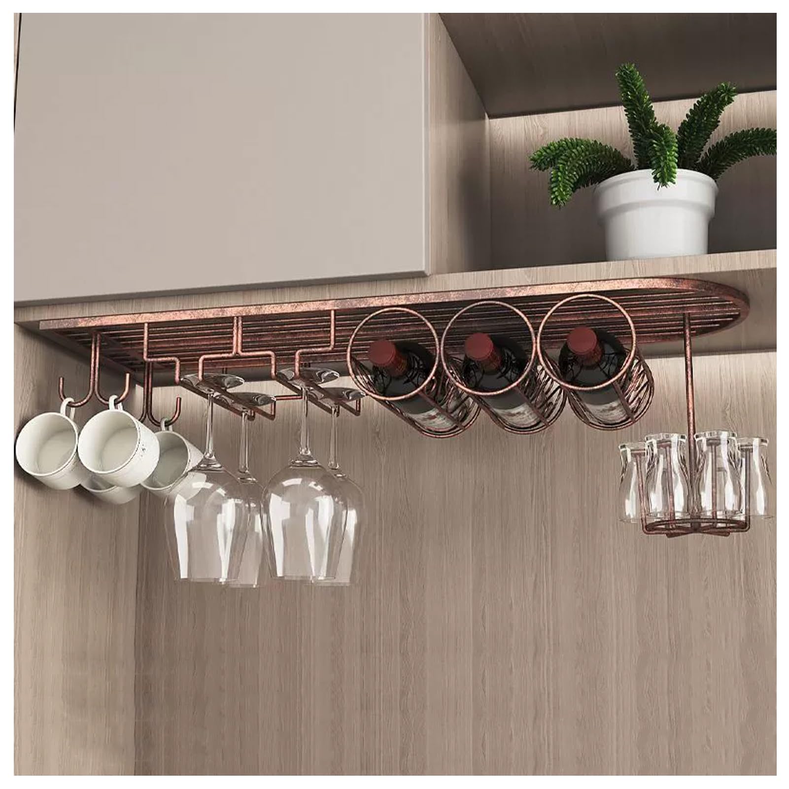 Casier à vin flottant industriel métal bronze support bouteilles verres à pied