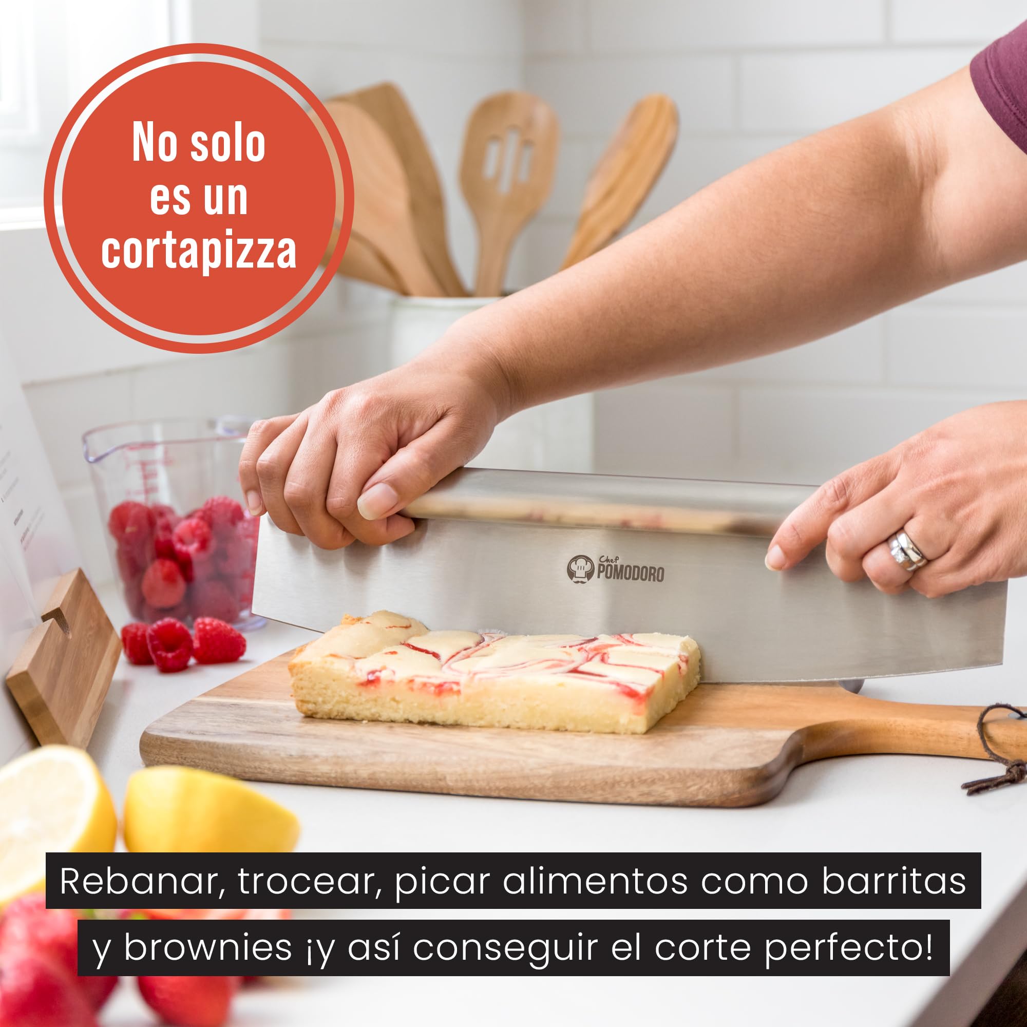 Chef Pomodoro Cuchillo Cortapizzas con Funda Protectora - Cortador Pizza Mezzaluna Multiusos de 35 cm con Cuchilla Súper Afilada de Acero Inoxidable - Cuchillo Media Luna Apto para Lavavajillas