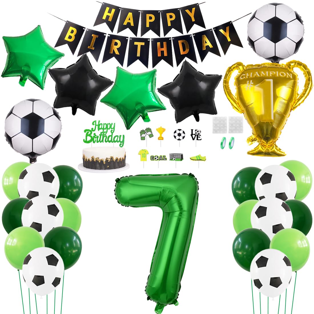 Daimay 29PCS Soccer Birthday Party Decoration Sports Theme Football Party Supplie Champion Trophy Foil Balloon 7th Happy Birthday Banner Green White