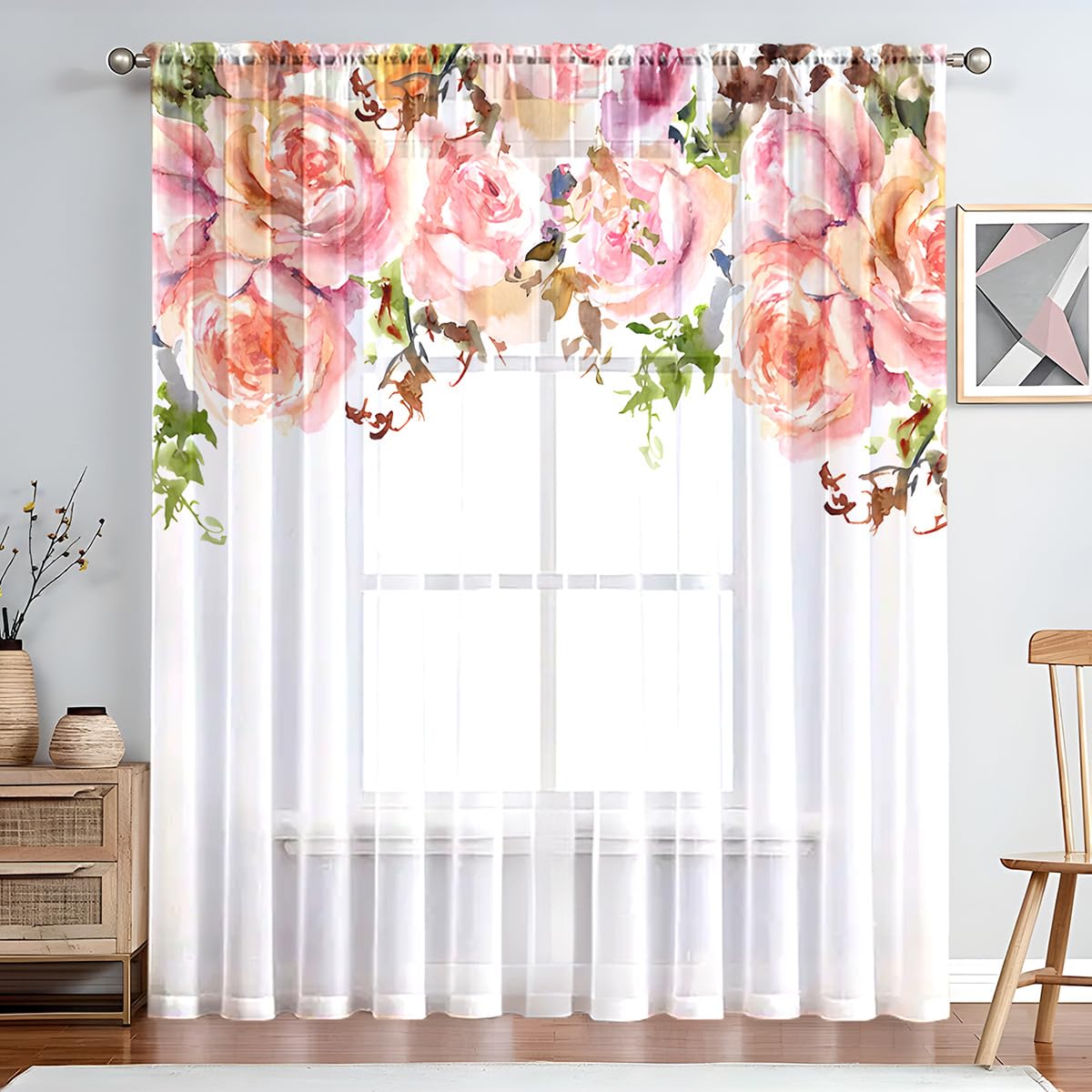 Mateju Cortinas Salon Modernas 1 Pieza, Patrón de Flor 3D, Cortinas Dormitorio, Visillos Salon, para Comedor/Cocina (Flores de Acuarela,100x130cm)