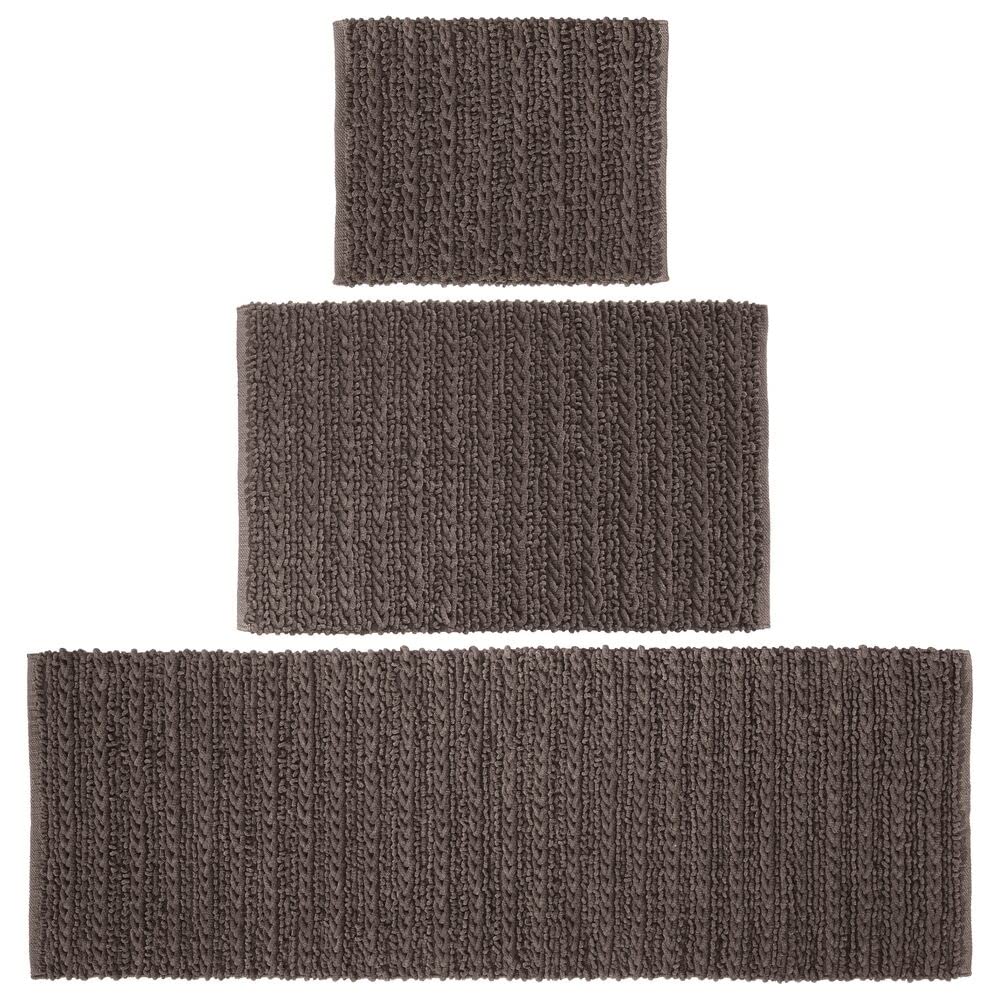 mDesign Bathroom 3 Piece Rug Set - 100% Cotton, Water Absorbent Bath Mat Rugs for Bathroom Vanity, Master or Guest Bathtub/Shower, Runner, Standard, Small, Braided Design - Set of 3 - Chocolate Brown