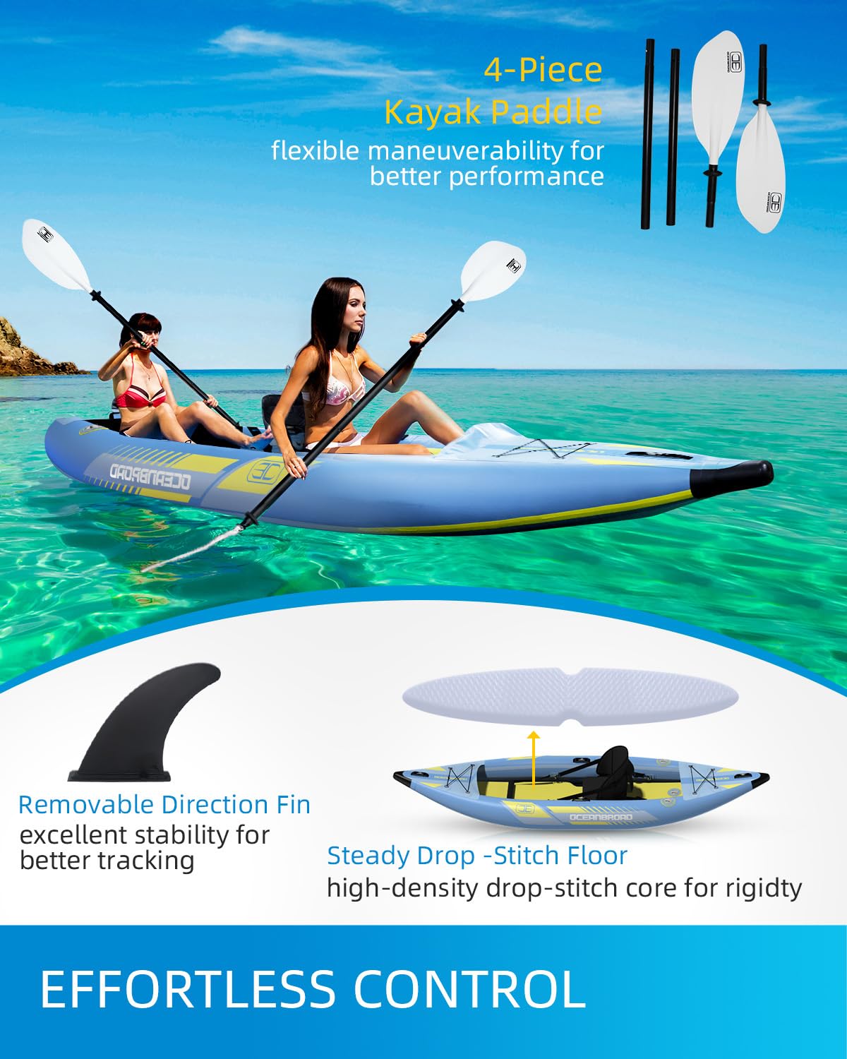 OCEANBROAD Kayak inflable sentado con remo, asiento de kayak, pedal, bomba de mano y bolsa, 1 persona/2 personas, azul/azul cielo