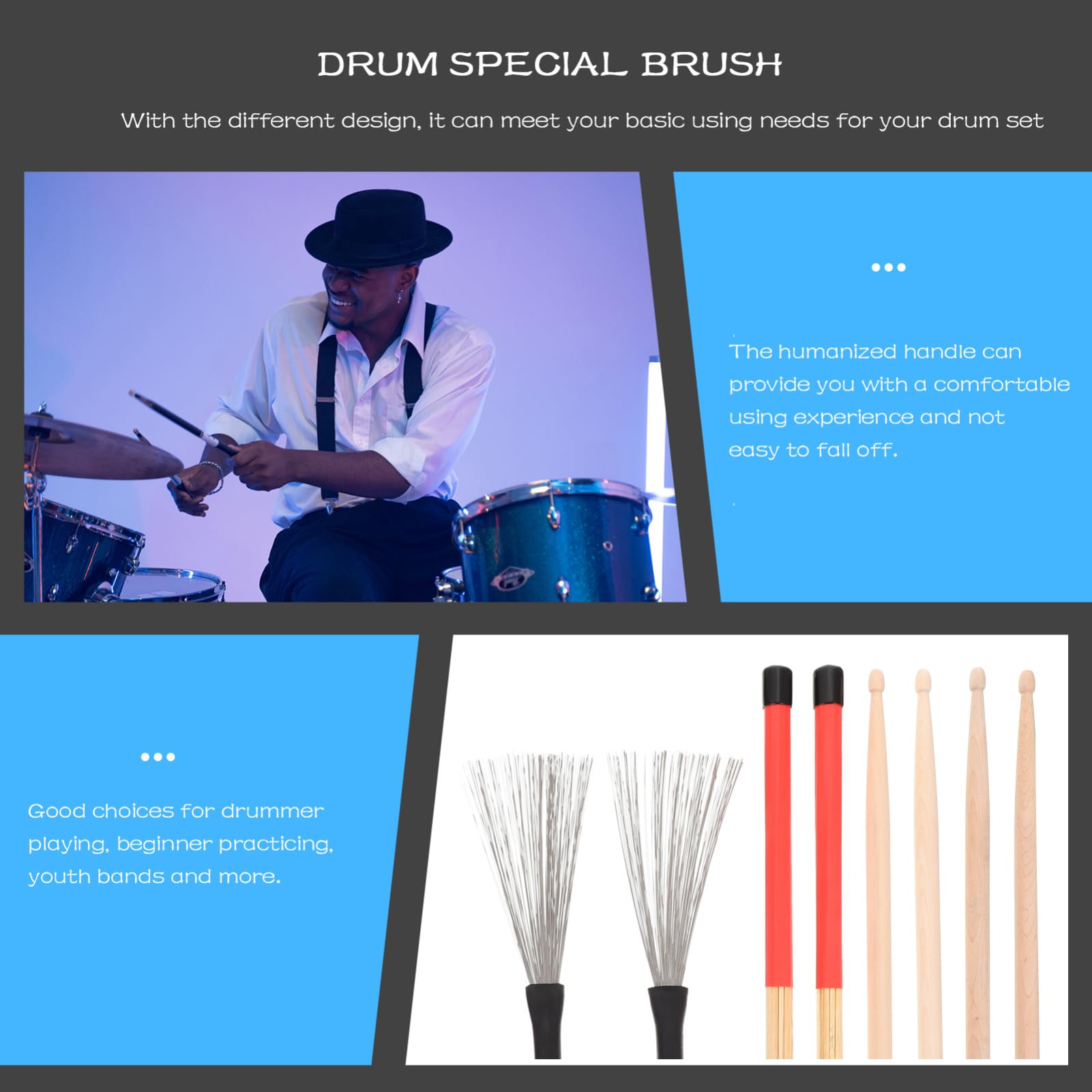 GOOHOCHY Drumstick Set 5a Drumsticks Bag Drum Brushes Wire Brush Set for Jazz Drummers