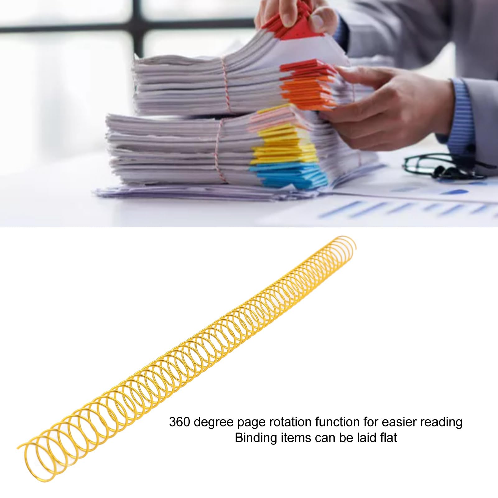 Bobines de reliure en spirale en fer, 14,3 mm, 9/16 pouces, 48 ​​dents, rapport 4:1, capacité de 115 feuilles, pour documents de bureau en papier A4, projets d'affaires (Ruban doré)